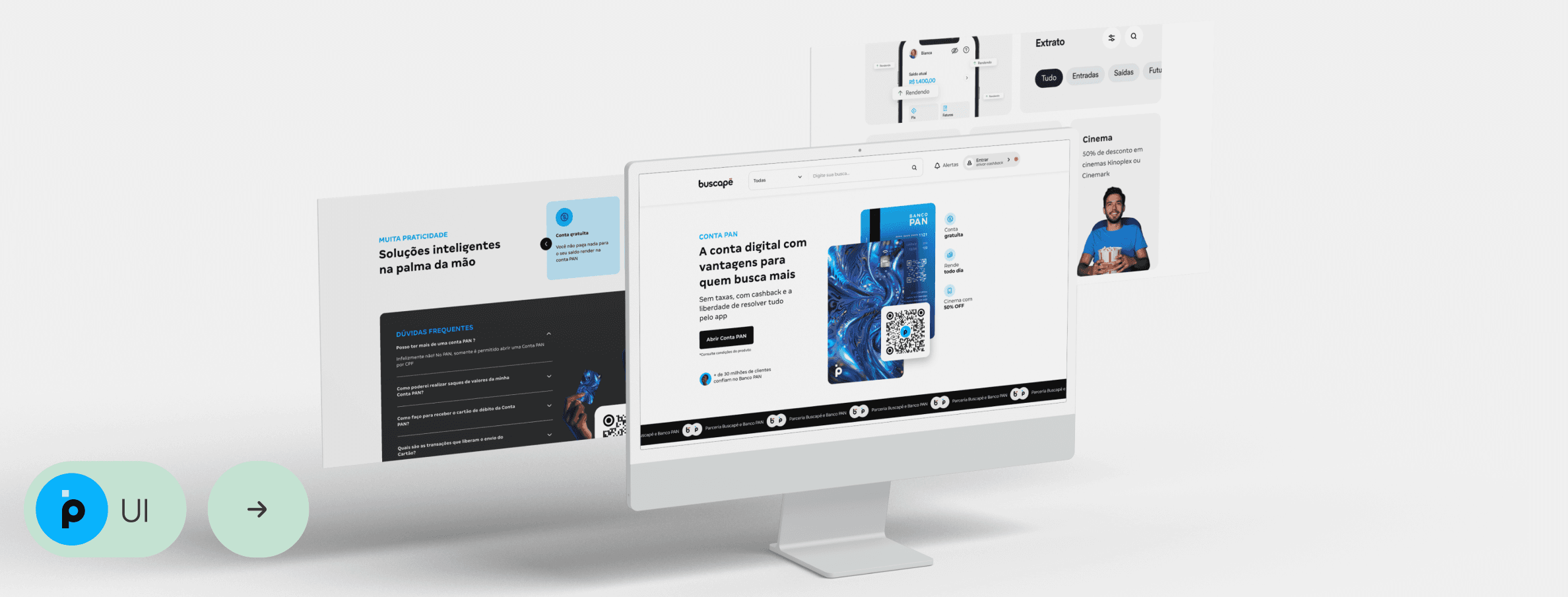 Imagem desktop do de design UI (User Interface) mostrando a criação de uma conta digital PAN com diversas funcionalidades.