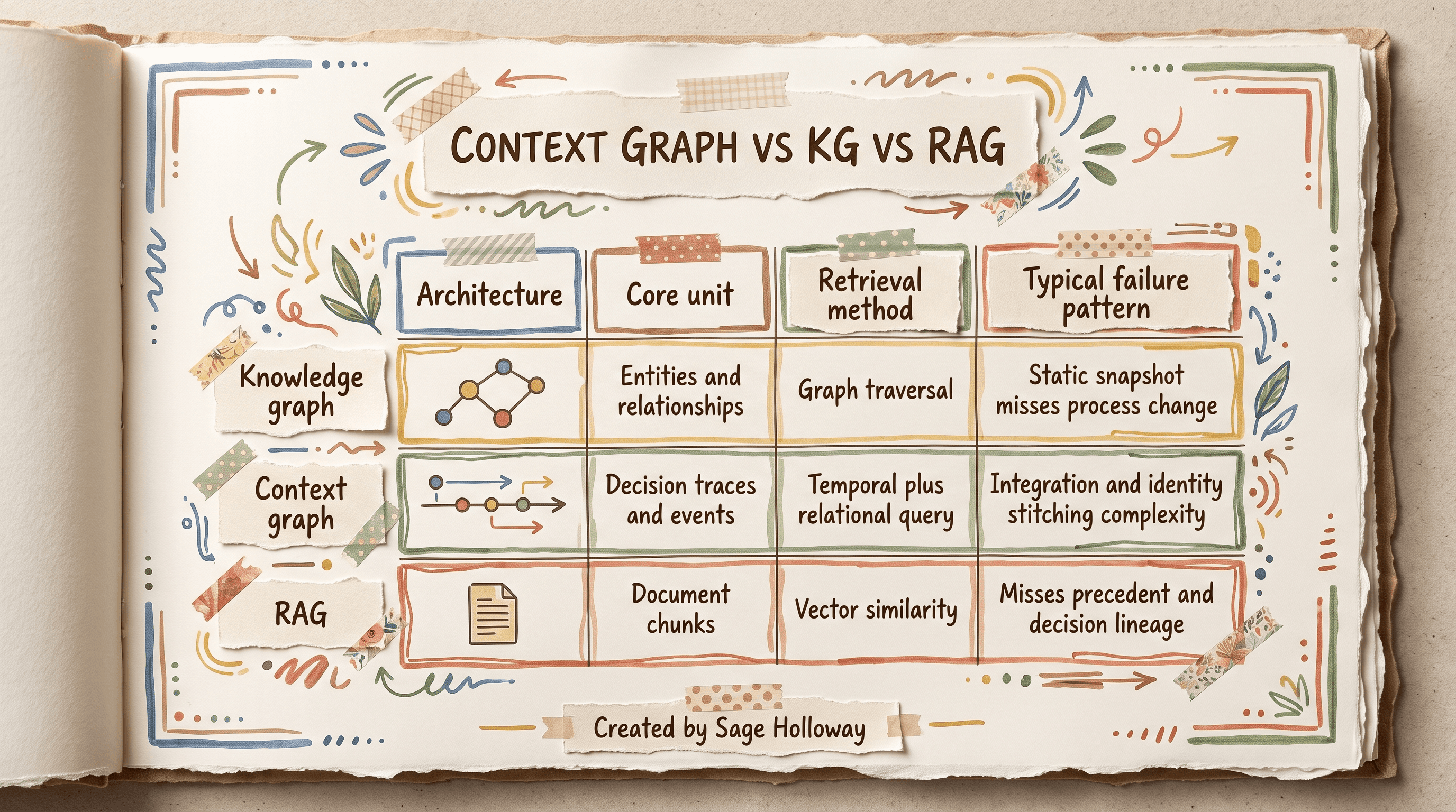 Comparison table of context graphs, knowledge graphs, and RAG by core unit, retrieval method, and failure pattern