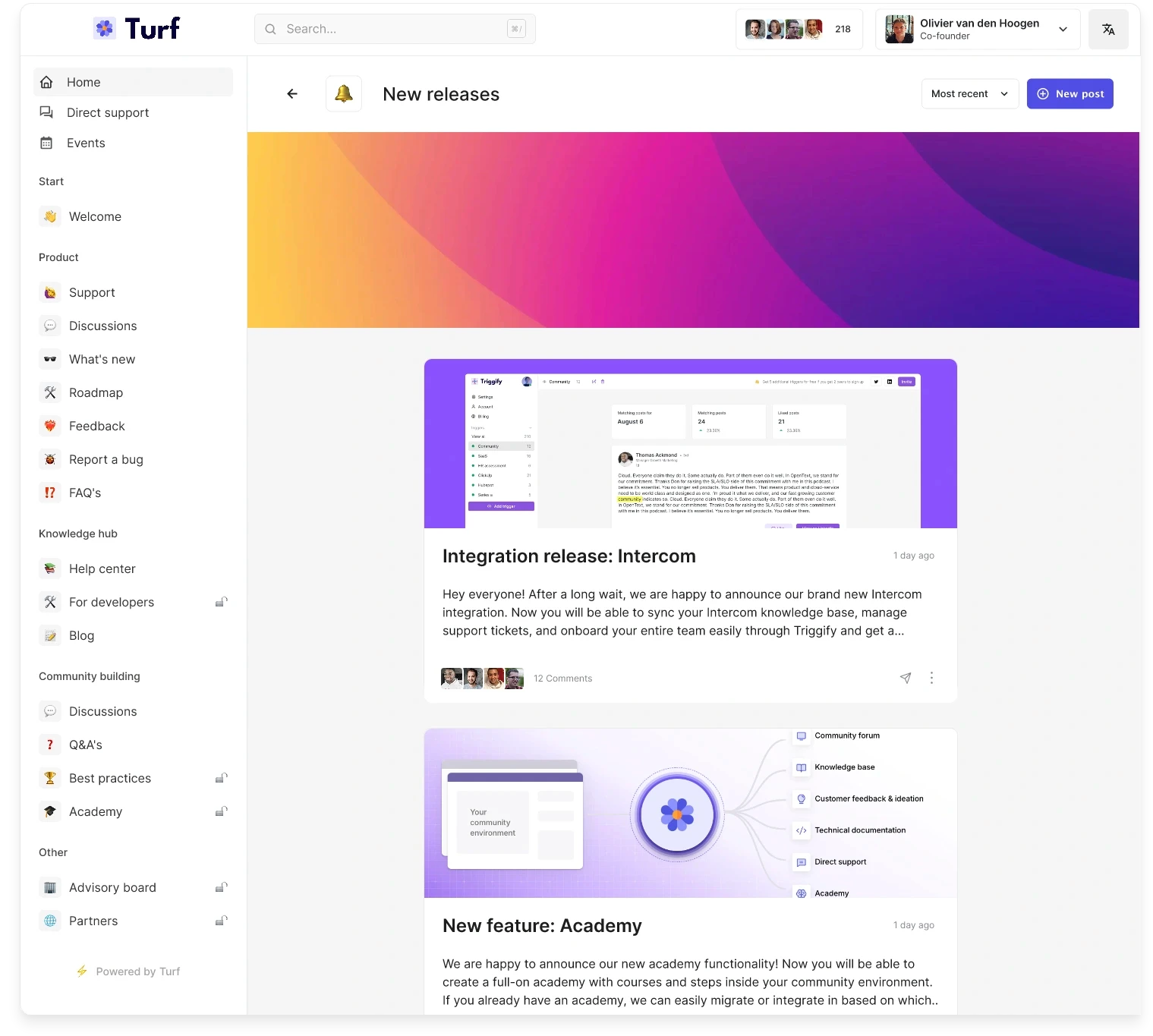 The changelog functionality in the Turf platform.