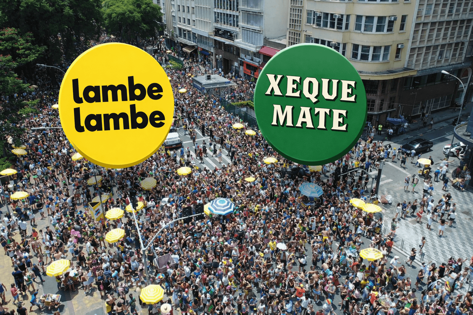 imagem de foliões no carnaval de São Paulo e as logos da Xeque Mate e Lambe Lambe