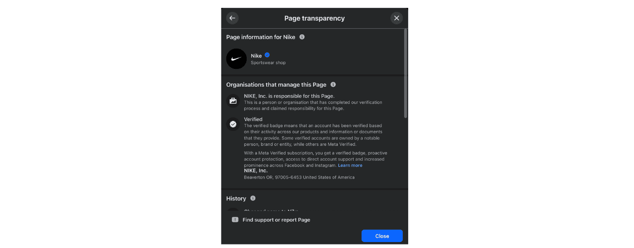 Facebook page transparency for Nike