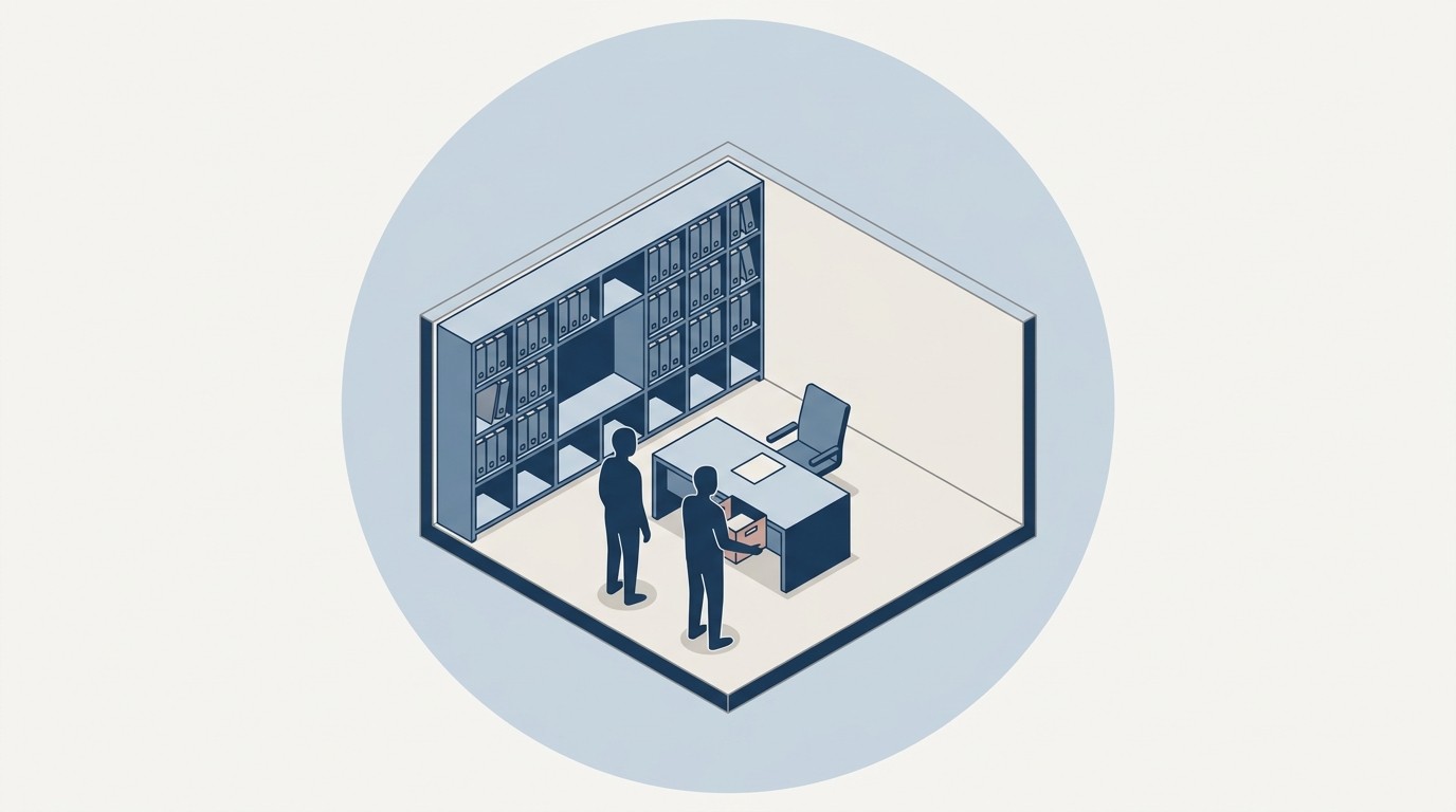 Isometrische Illustration einer Ordnerwand mit einem breiten leer geraeumten Abschnitt und zwei Figuren davor: Schluesselwissen verlaesst das Haus