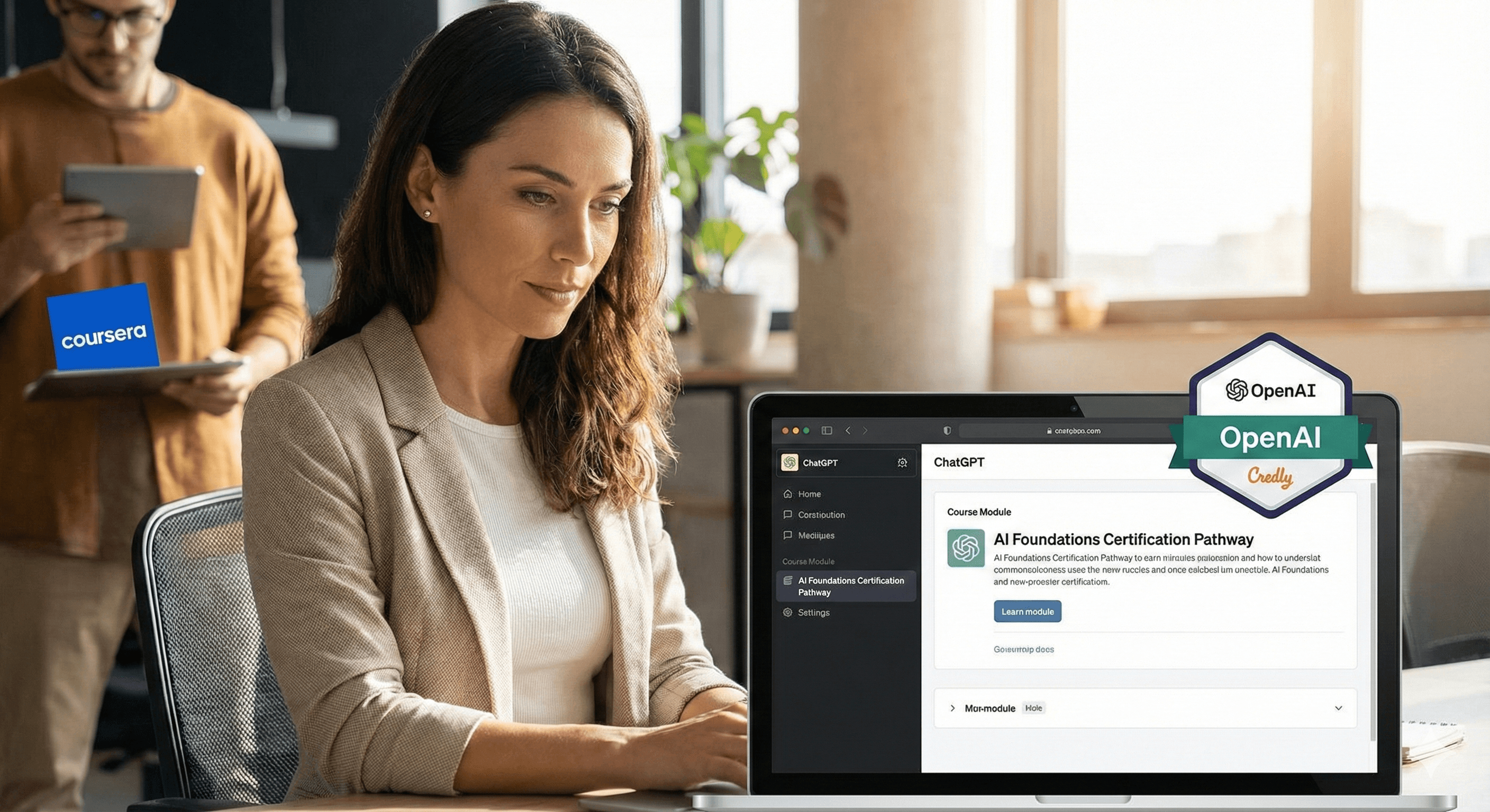 The image depicts a digital illustration of the DBS Bank AI infrastructure, featuring interconnected platforms labeled "Google Cloud" and "Glean," highlighting a SGD 750m value (2024) with stacks of coins symbolizing financial growth.