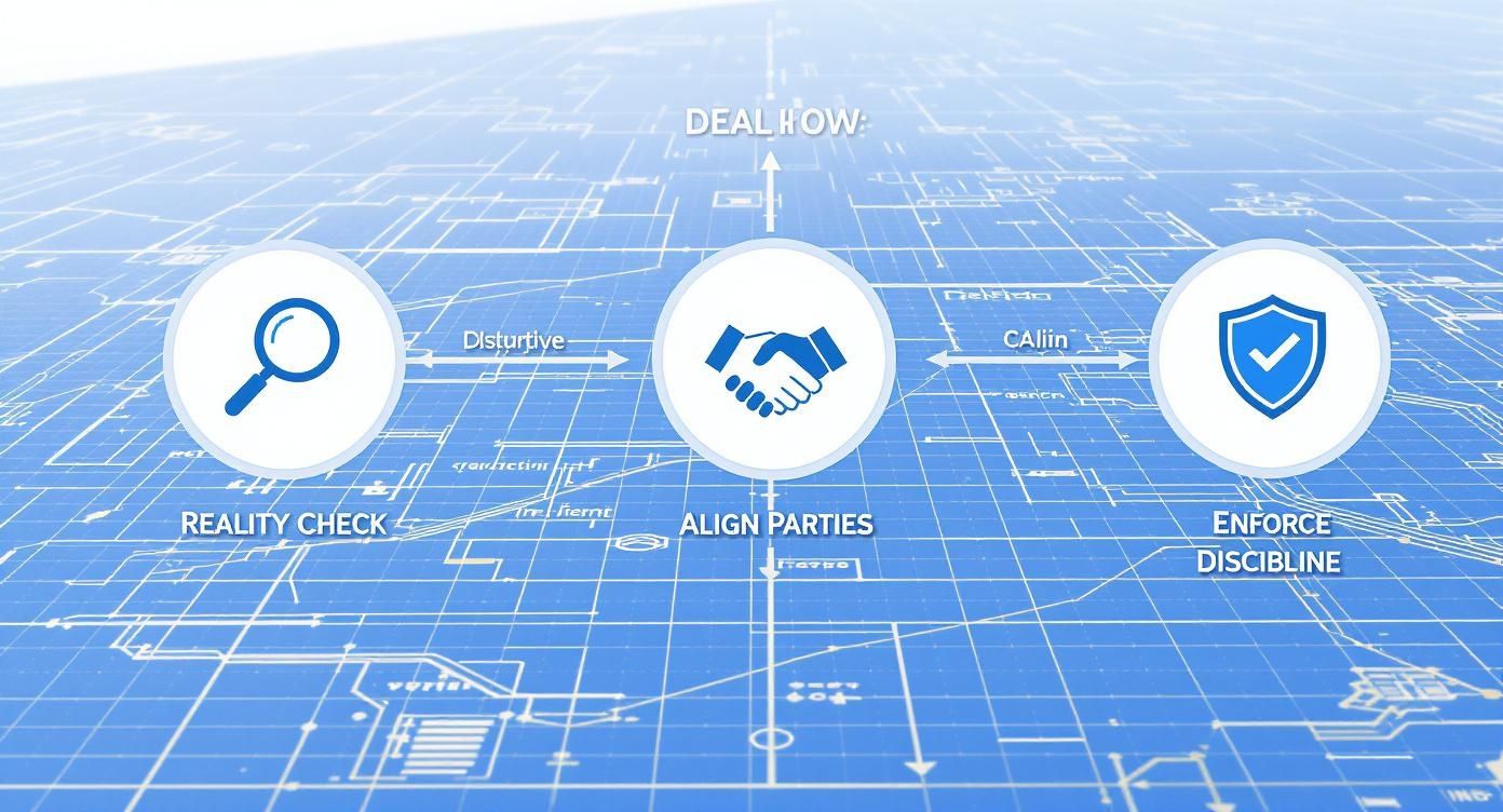 A blueprint diagram illustrating a business process with steps: Reality Check, Align Parties, and Enforce Discipline.
