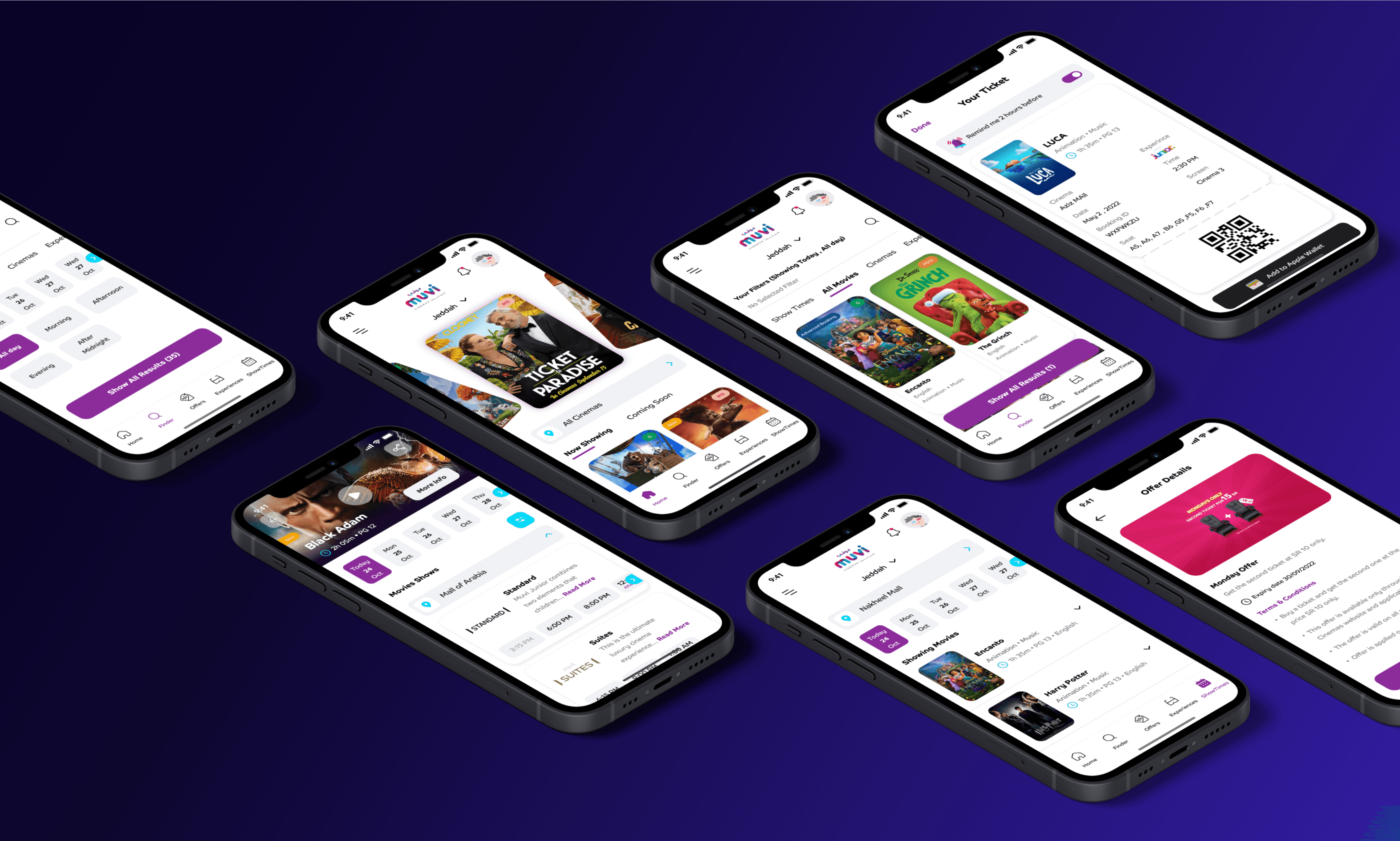 Muvi Cinemas mobile app screens showing movie booking, QR ticketing, seat selection, and payment features