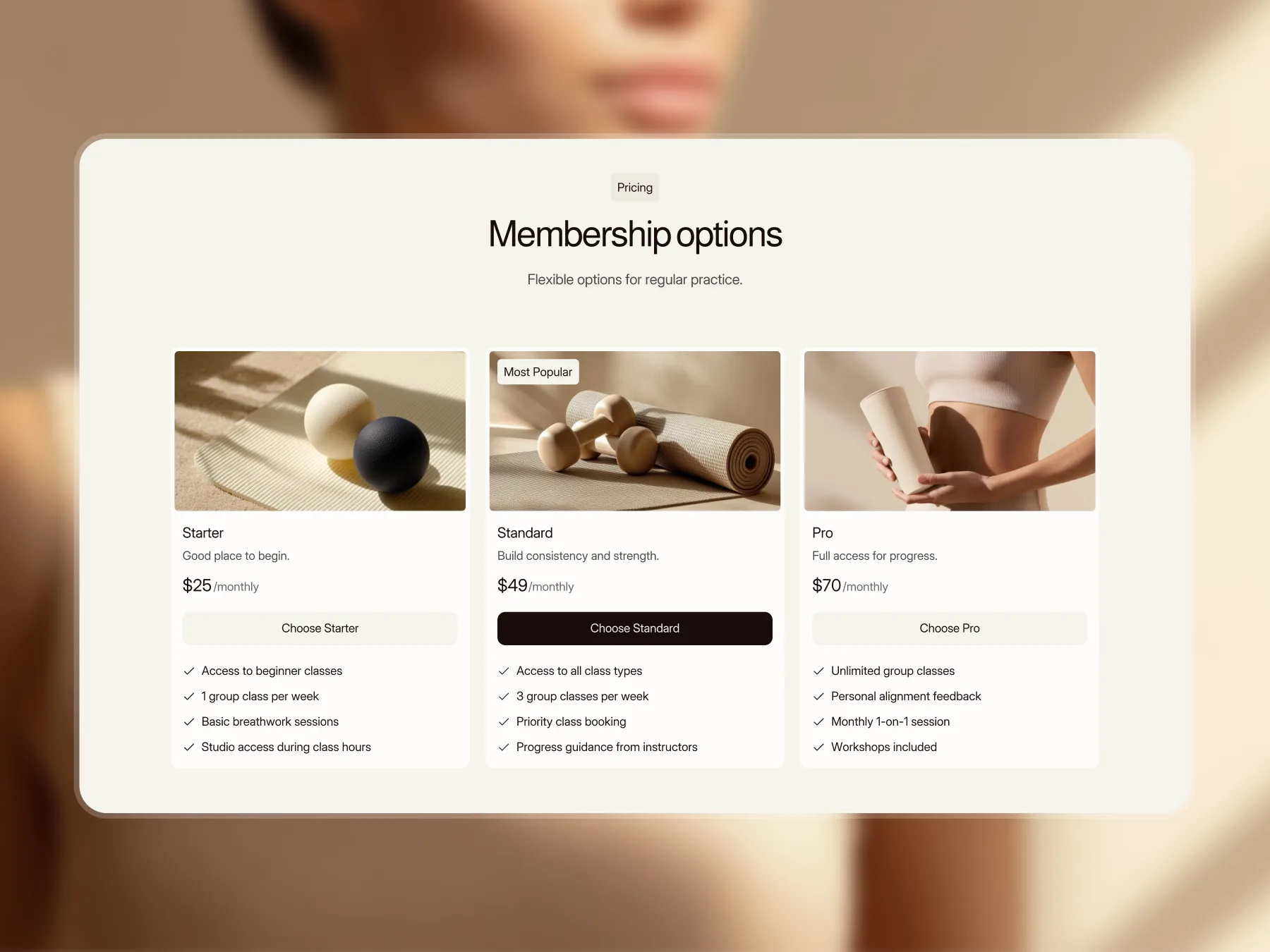 Yoga website membership pricing section with three structured plans, clear pricing tiers, and visible call to action buttons.