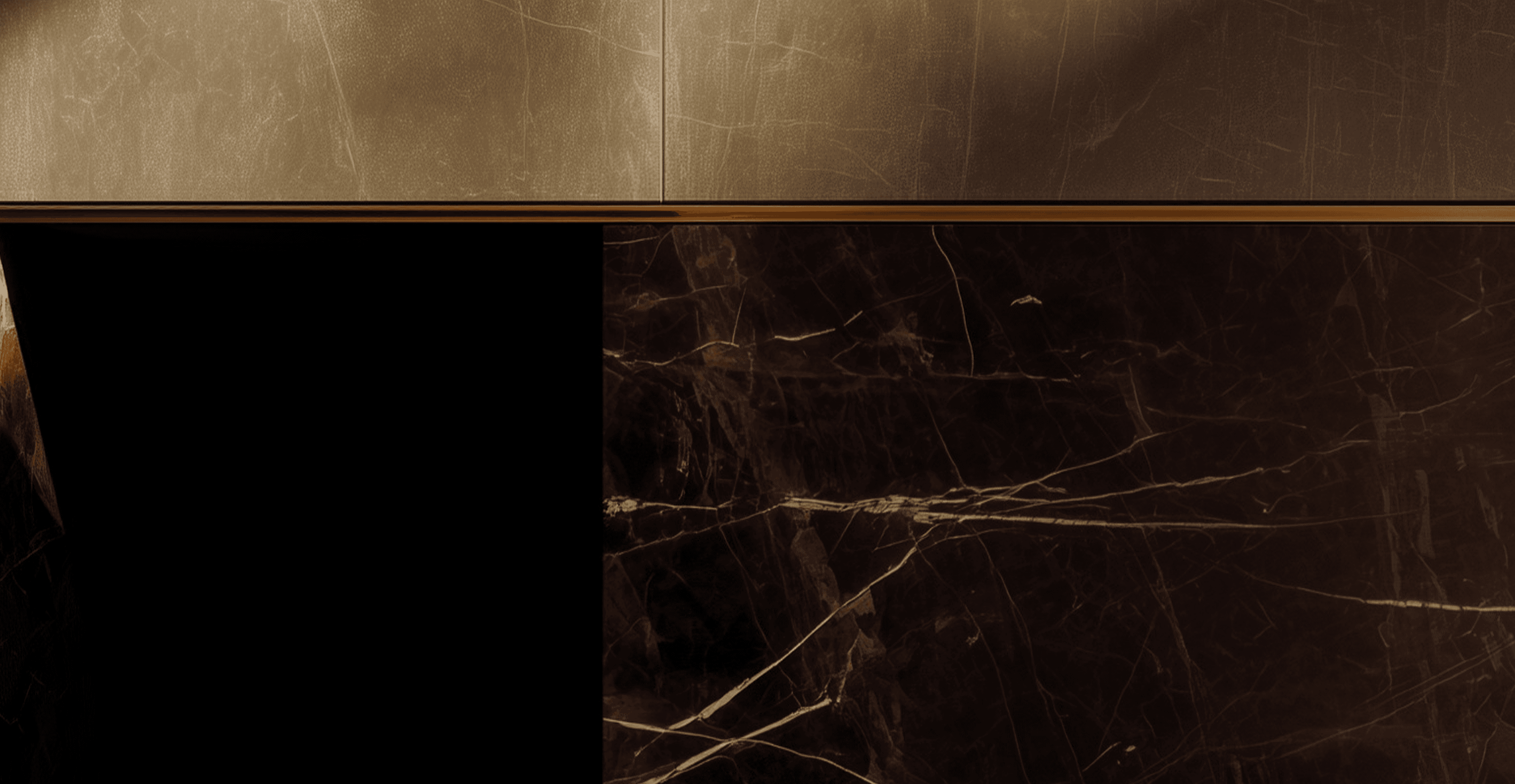 Elegant black and gold marble wall adorned with a decorative gold frame, enhancing the sophisticated design.