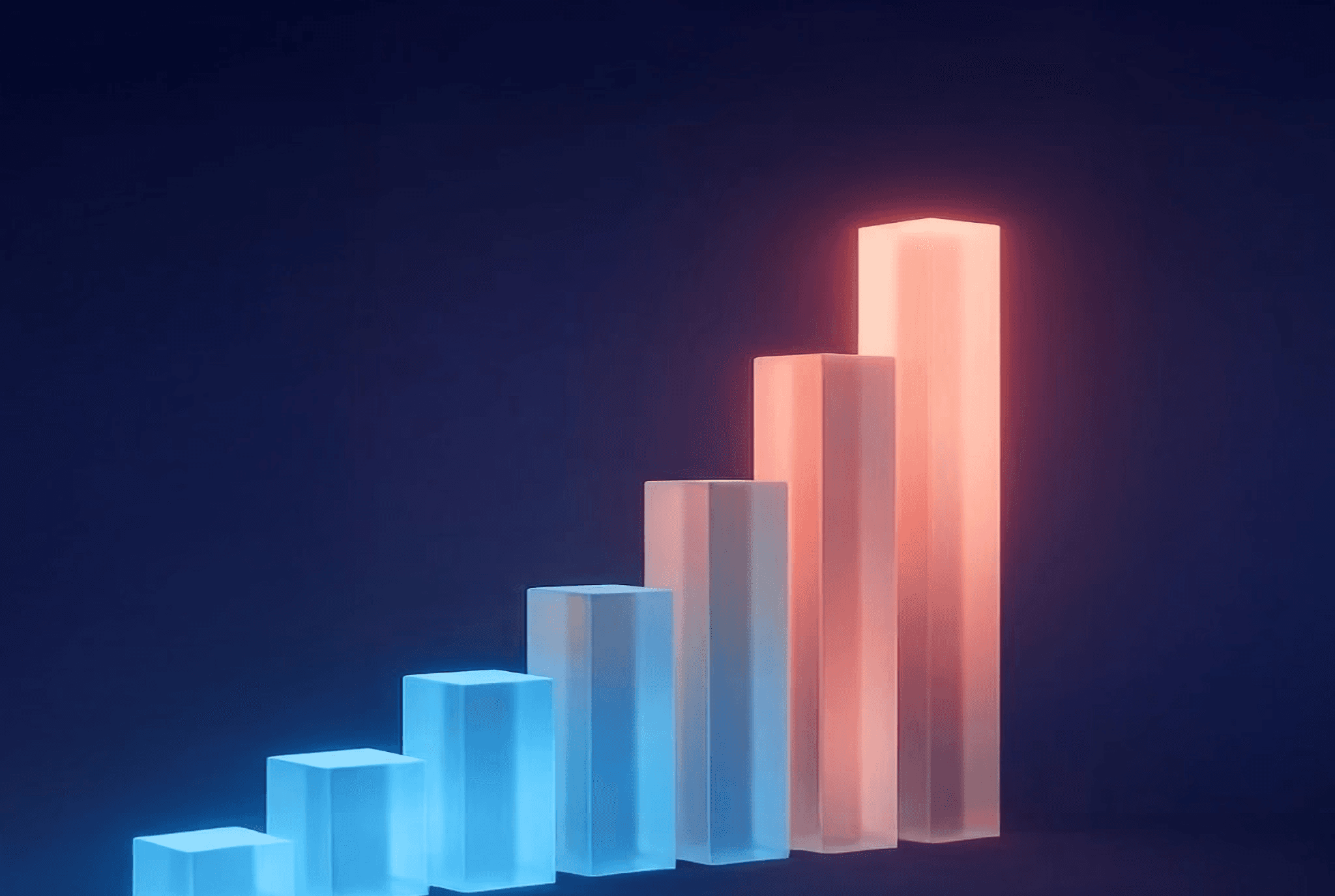 Rising 3D glass bar chart transitioning to glowing coral, representing SaaS startup growth, high ROI, and achieving product-market fit for investor-ready presentations