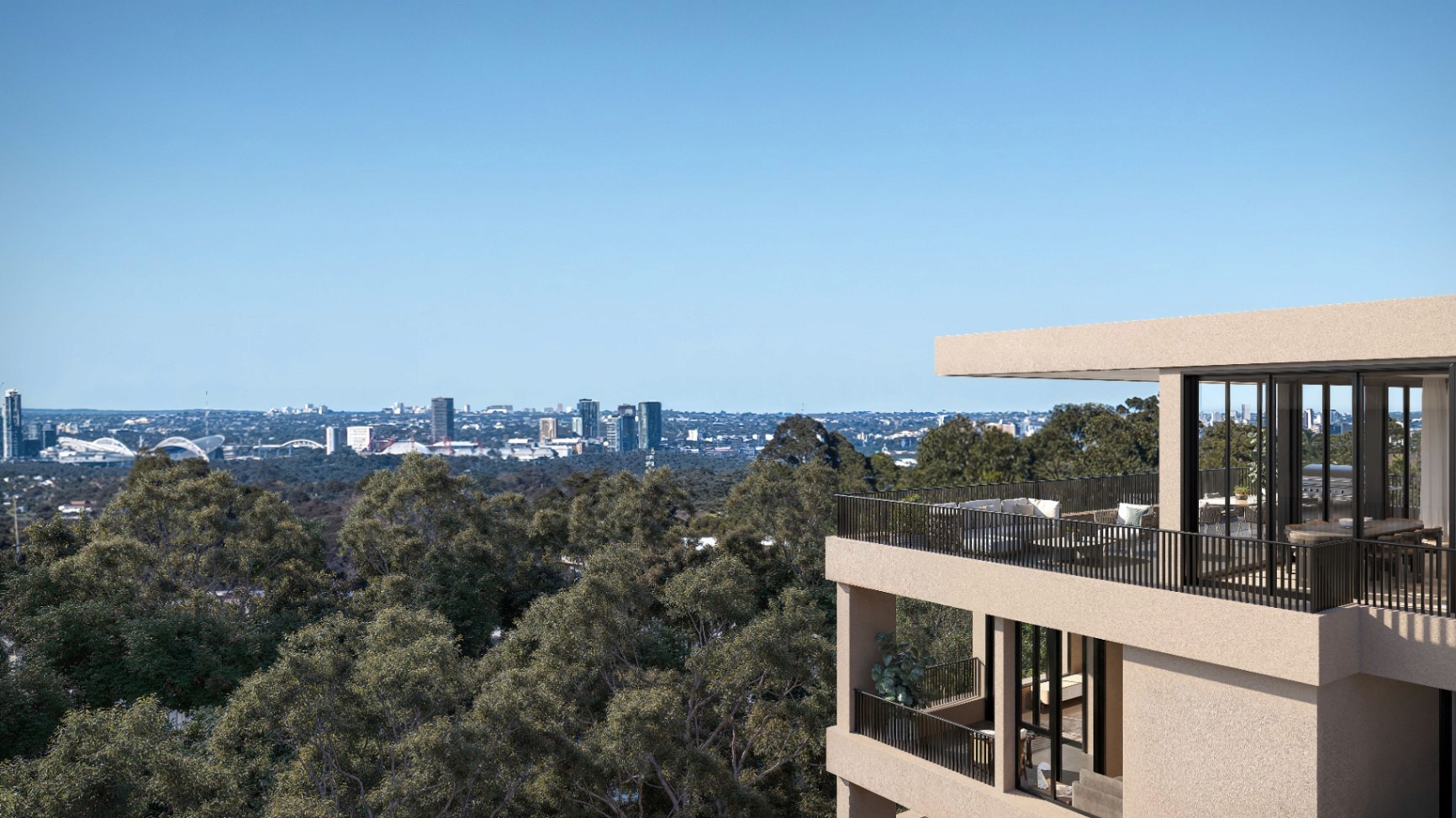 Private balcony overlooking greenery and distant Sydney skyline at Blossom Carlingford, secure with Coposit and pay your deposit weekly