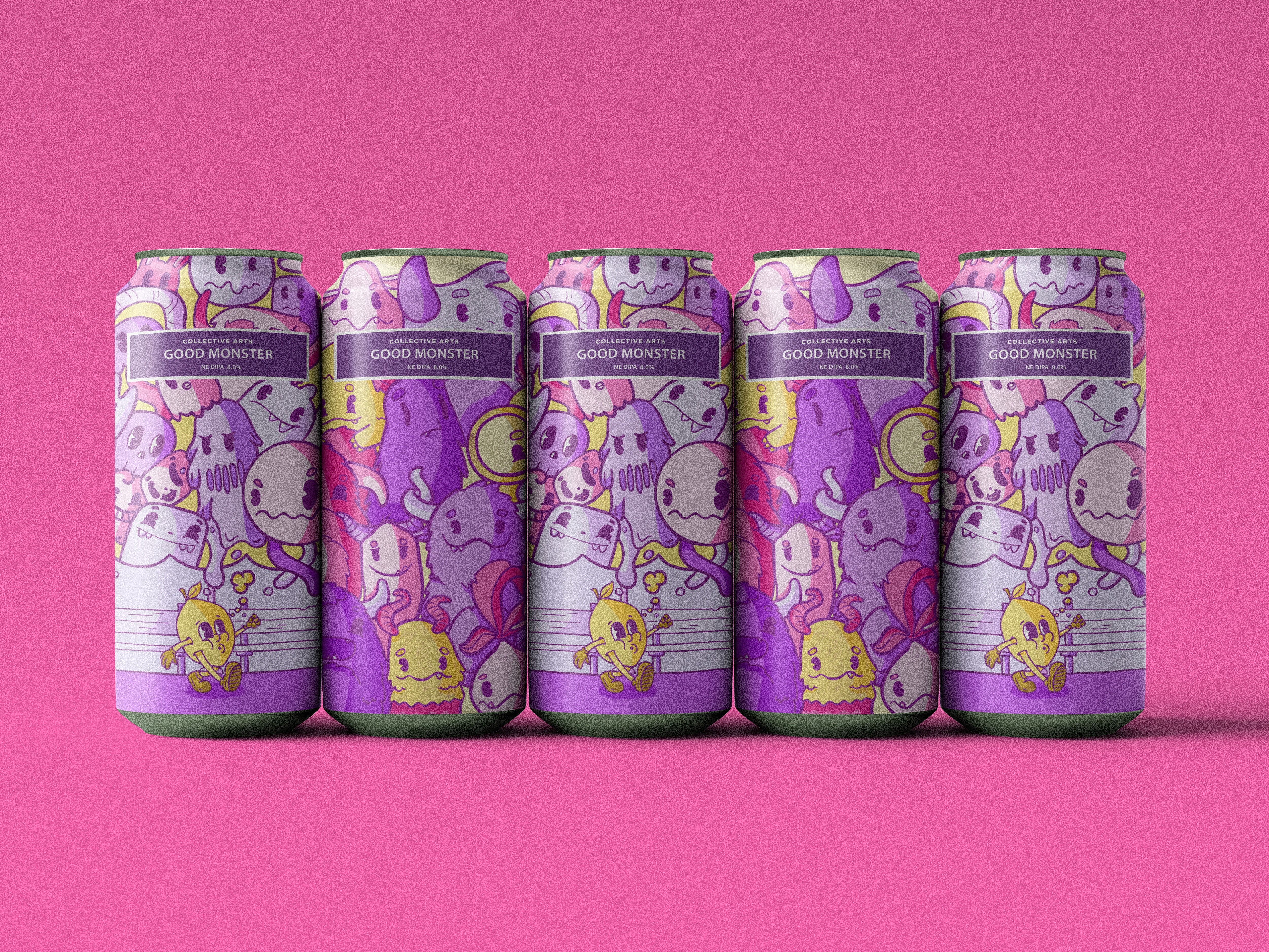 Mockup of 5 beer cans showcasing the 2 illustration designs done for the collective arts good monster project.