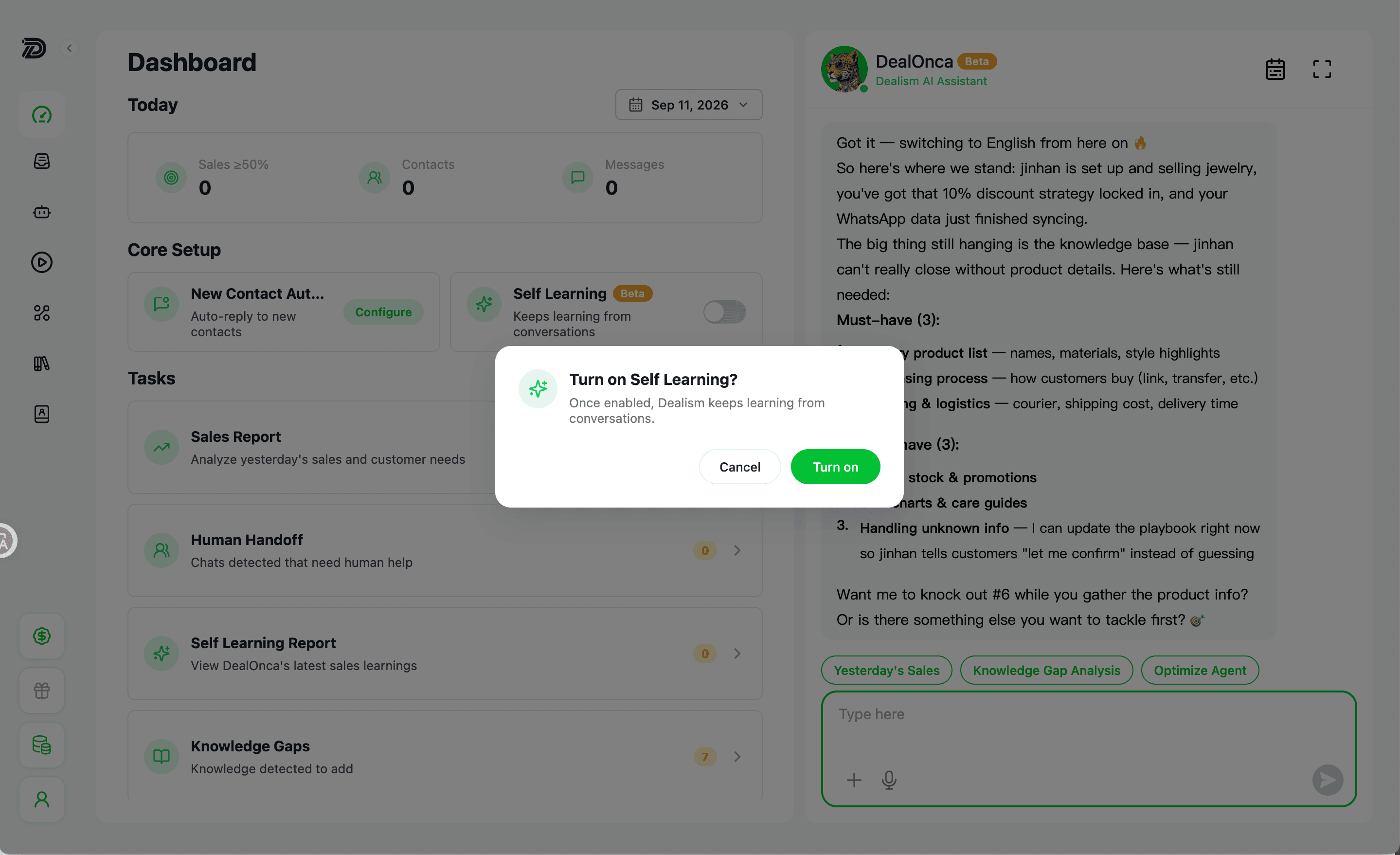 Dealism confirmation dialog asking the user to turn on Self Learning