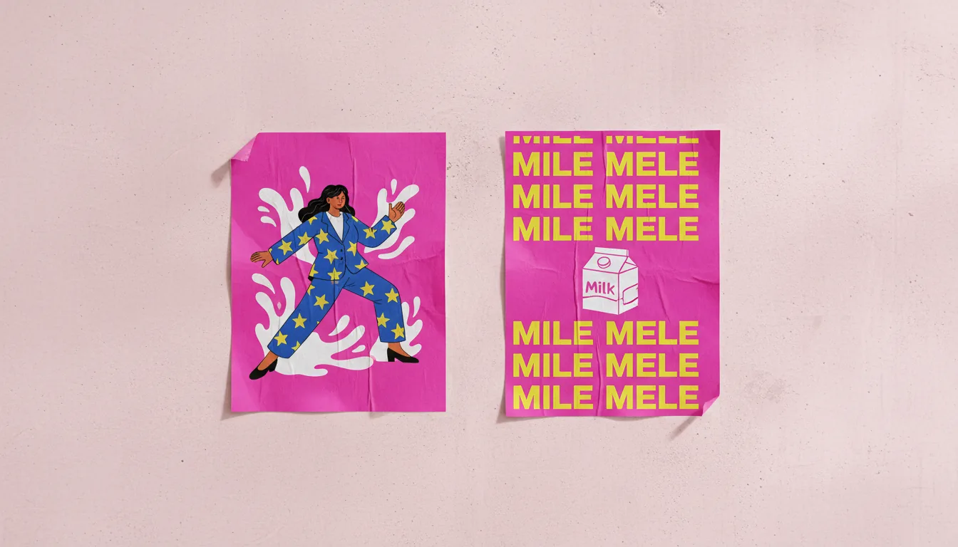 DSLR photograph of a graphic design project mockup created in Photoshop, featuring two vibrant magenta posters wheat-pasted onto a textured, light pink concrete wall. Soft, even studio lighting highlights the realistic wrinkles and peeling corners of the posters. The left poster displays a dynamic, flat-style cartoon illustration of a woman in a blue outfit with yellow stars, surrounded by white liquid splashes. The right poster features a minimalist design with repeating bold yellow sans-serif placeholder typography and a central graphic of a milk carton. The entire image has a sharp focus, emphasizing the tactile texture of the paper and the wall.