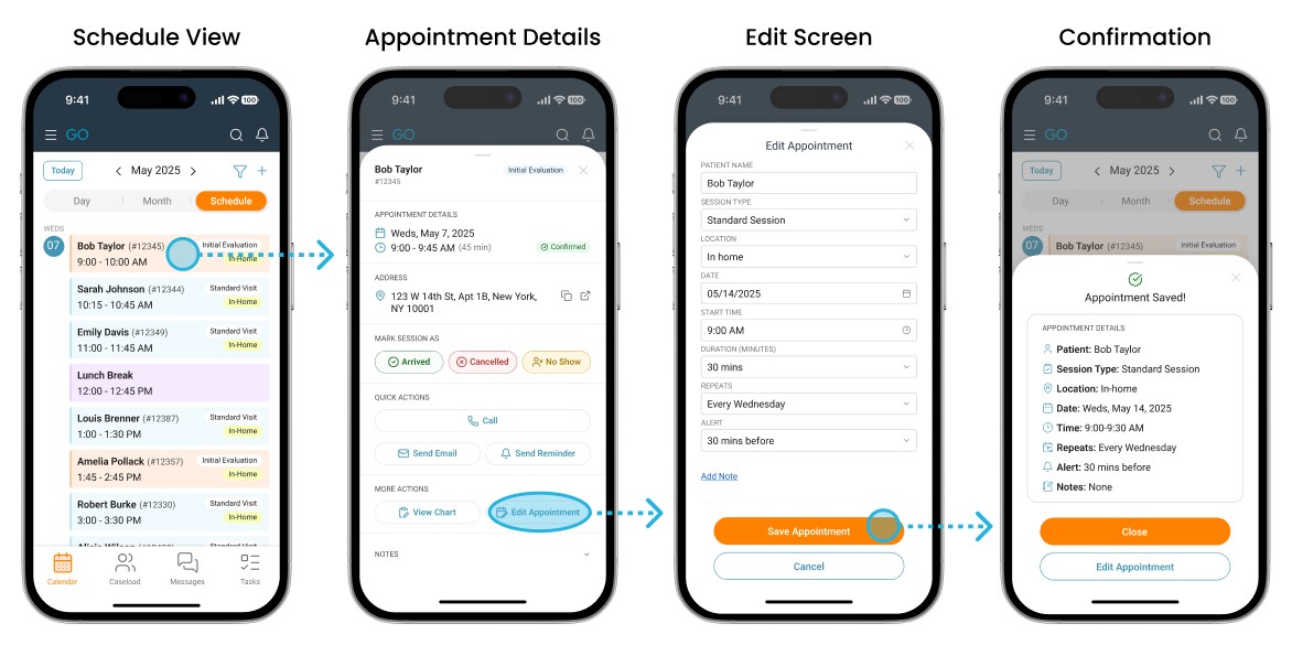 Hi-fidelity wireframes showing "edit an existing appointment" flow