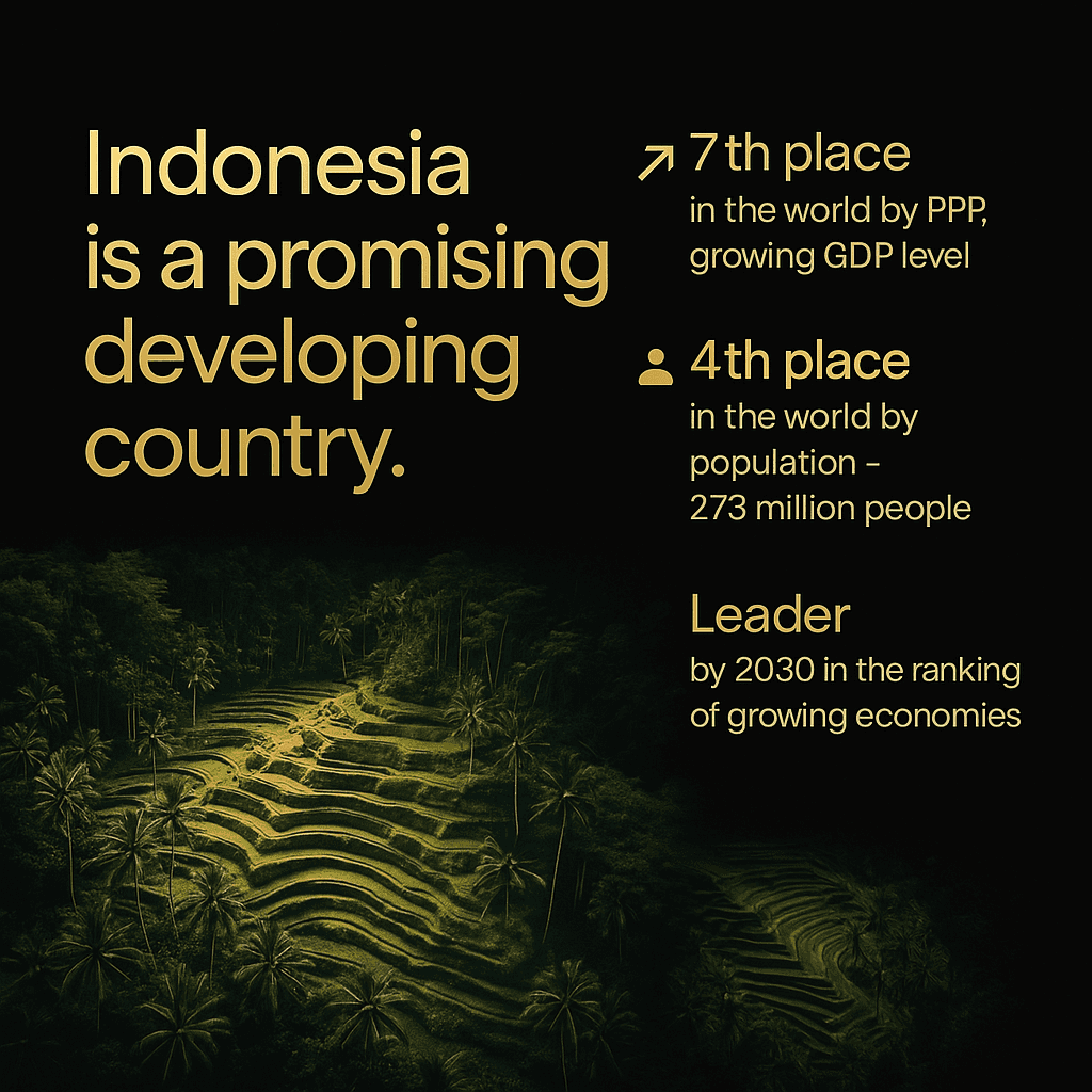 A scenic view of terraced rice fields in Bali, Indonesia, accompanied by a graphic with statistics highlighting Bali’s promising economic potential, including 7th place in global GDP and 4th in population.