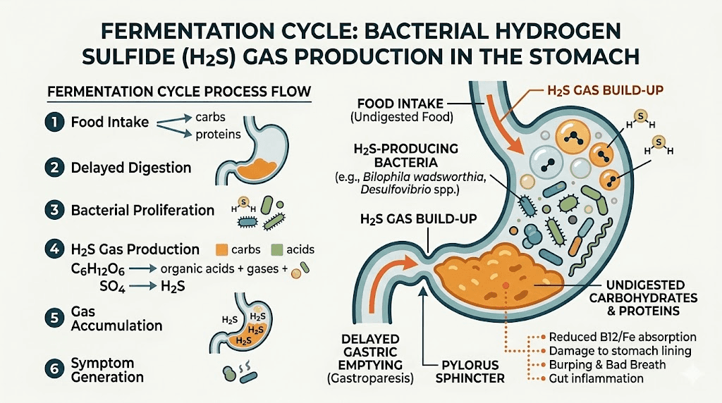 Sulfur burps mechanism showing bacterial fermentation and hydrogen sulfide production in stomach