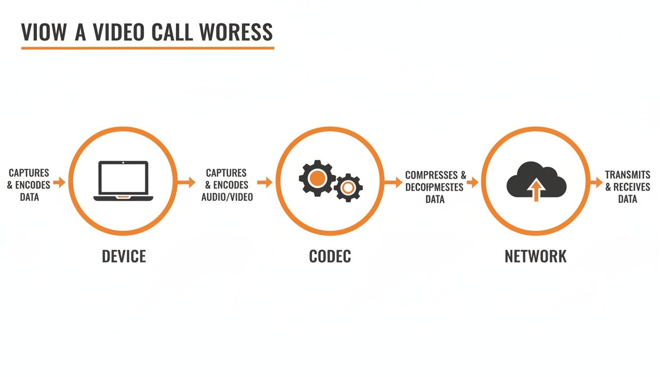 Diagram illustrating the process of a video call, from device capture and encoding to network transmission.