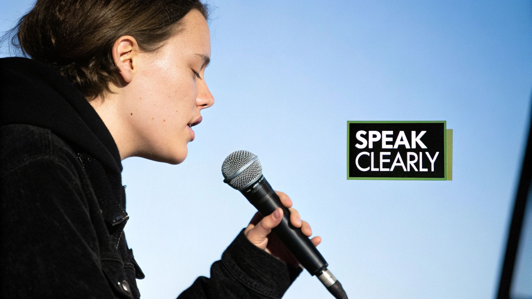 A person speaking into a professional microphone connected to a laptop