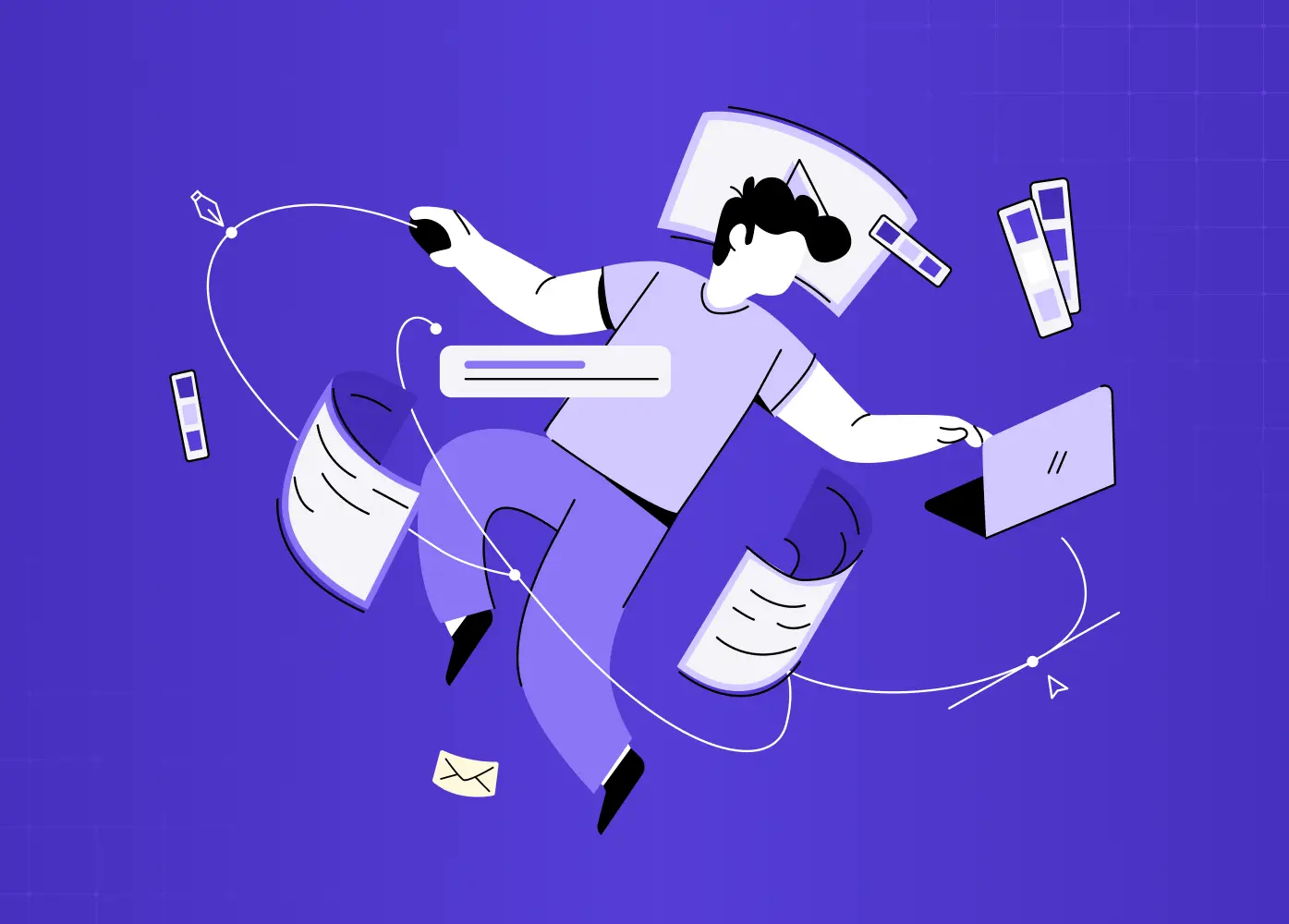 AI adoption illustration showing a person interacting with digital interfaces, documents, and devices, representing modern AI-powered workflows.