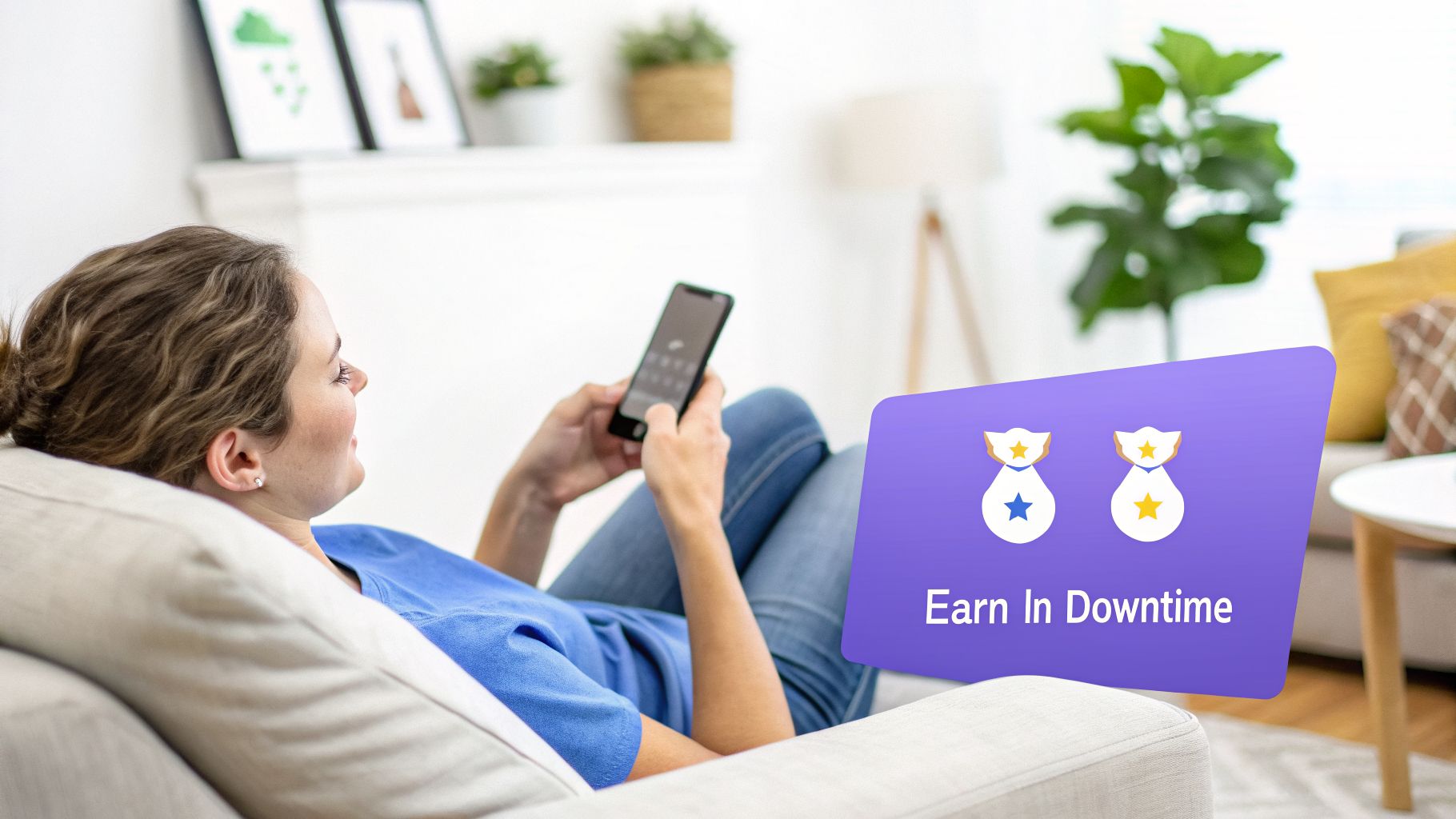 A woman relaxes on a sofa, looking at her phone, with a graphic displaying 'Earn In Downtime' and reward bags.