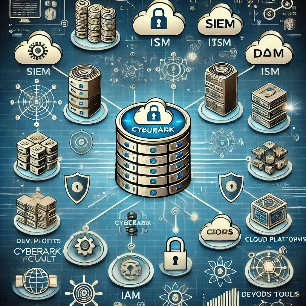 An image showcasing CyberArk's integrations with various IT and security tools. This illustration includes digital icons representing integrations with SIEM (Security Information and Event Management), IAM (Identity and Access Management), cloud platforms, and DevOps tools. The design emphasizes CyberArk's ability to integrate seamlessly with diverse technologies to enhance security, manage identities, and monitor privileged access across different environments.