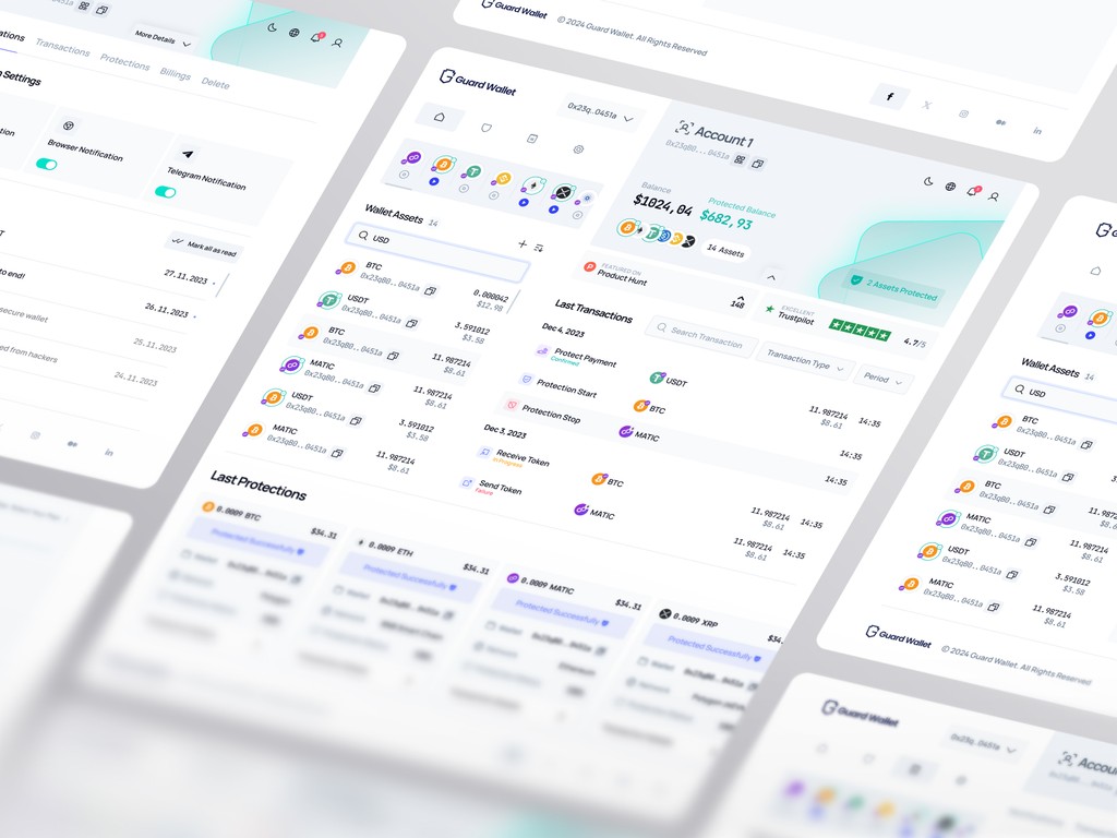 Multiple Guard Wallet UI screens showing user settings, transaction logs, and protection records in a soft grayscale interface