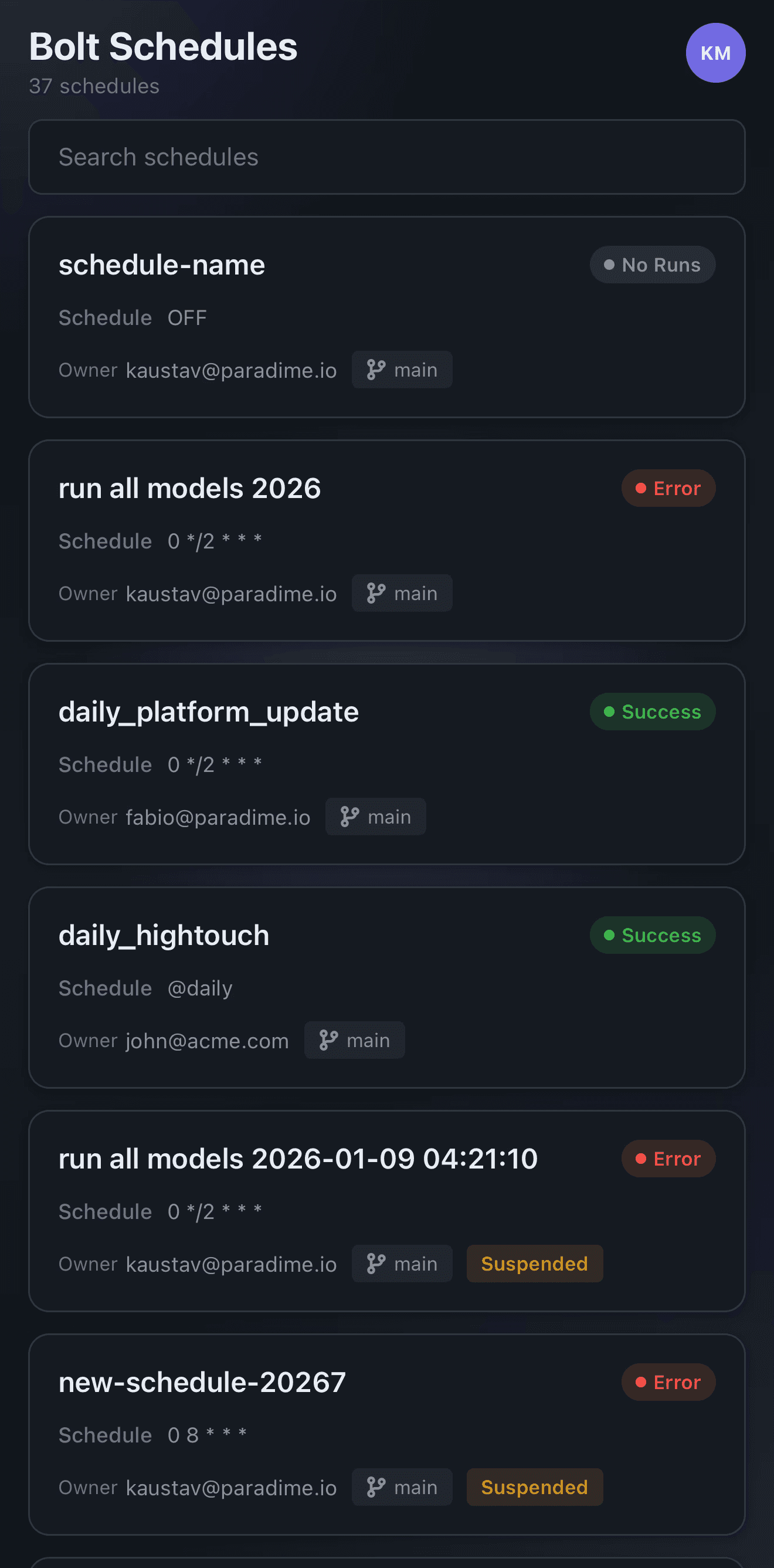 mobile Bolt Schedule List
