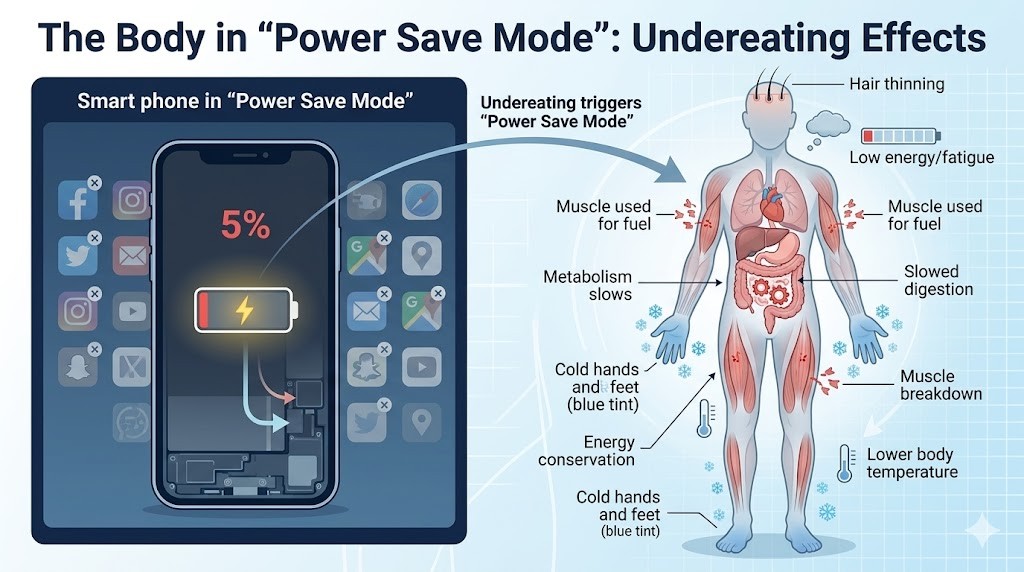 An infographic titled "The Body in 'Power Save Mode': Undereating Effects." It features a split comparison between a smartphone in power save mode with a 5% battery showing shut down apps, and a human body illustration. An arrow labeled "Undereating triggers 'Power Save Mode'" connects the phone to the body. The body section details effects including hair thinning, low energy/fatigue, metabolism slows, slowed digestion, cold hands and feet (blue tint), lower body temperature, energy conservation, muscle used for fuel, and muscle breakdown.