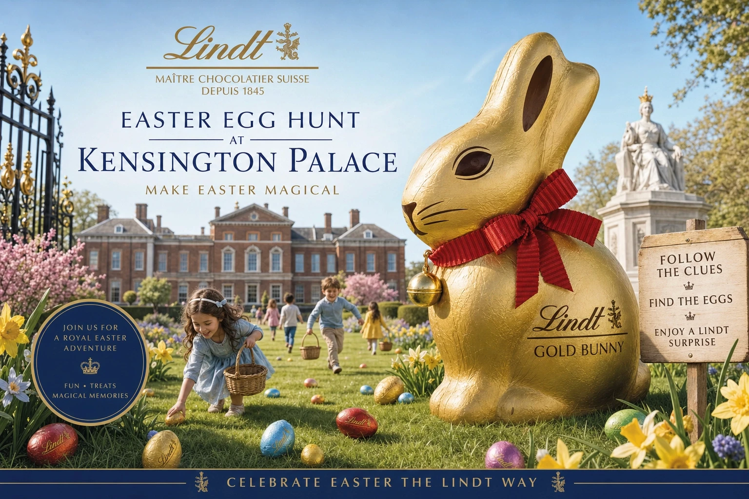 Promotional image for Lindt Easter event at Kensington Palace with giant chocolate bunny and kids hunting for eggs on the lawn