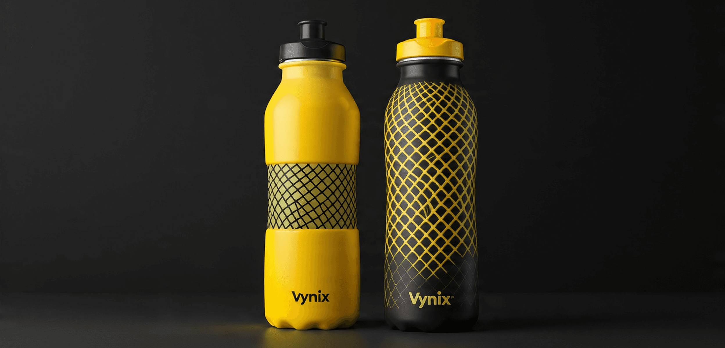 Two Vynix water bottles are displayed against a dark background. 