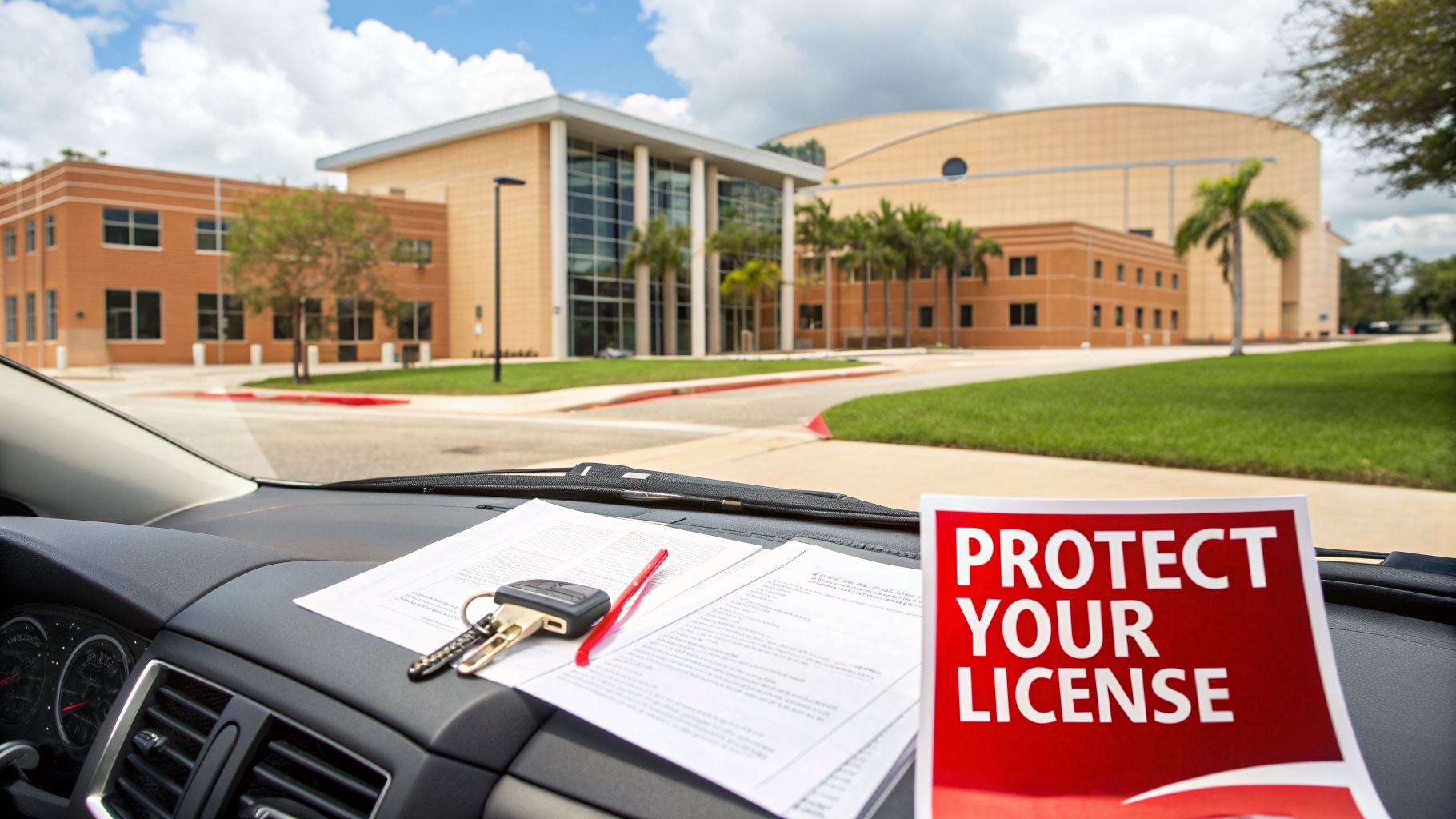 Car dashboard with 'PROTECT YOUR LICENSE' sign, documents, keys, and campus buildings outside.