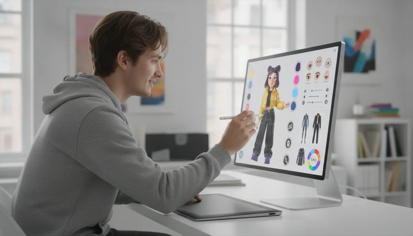 A person customizing the look and personality of an animated digital character on a screen