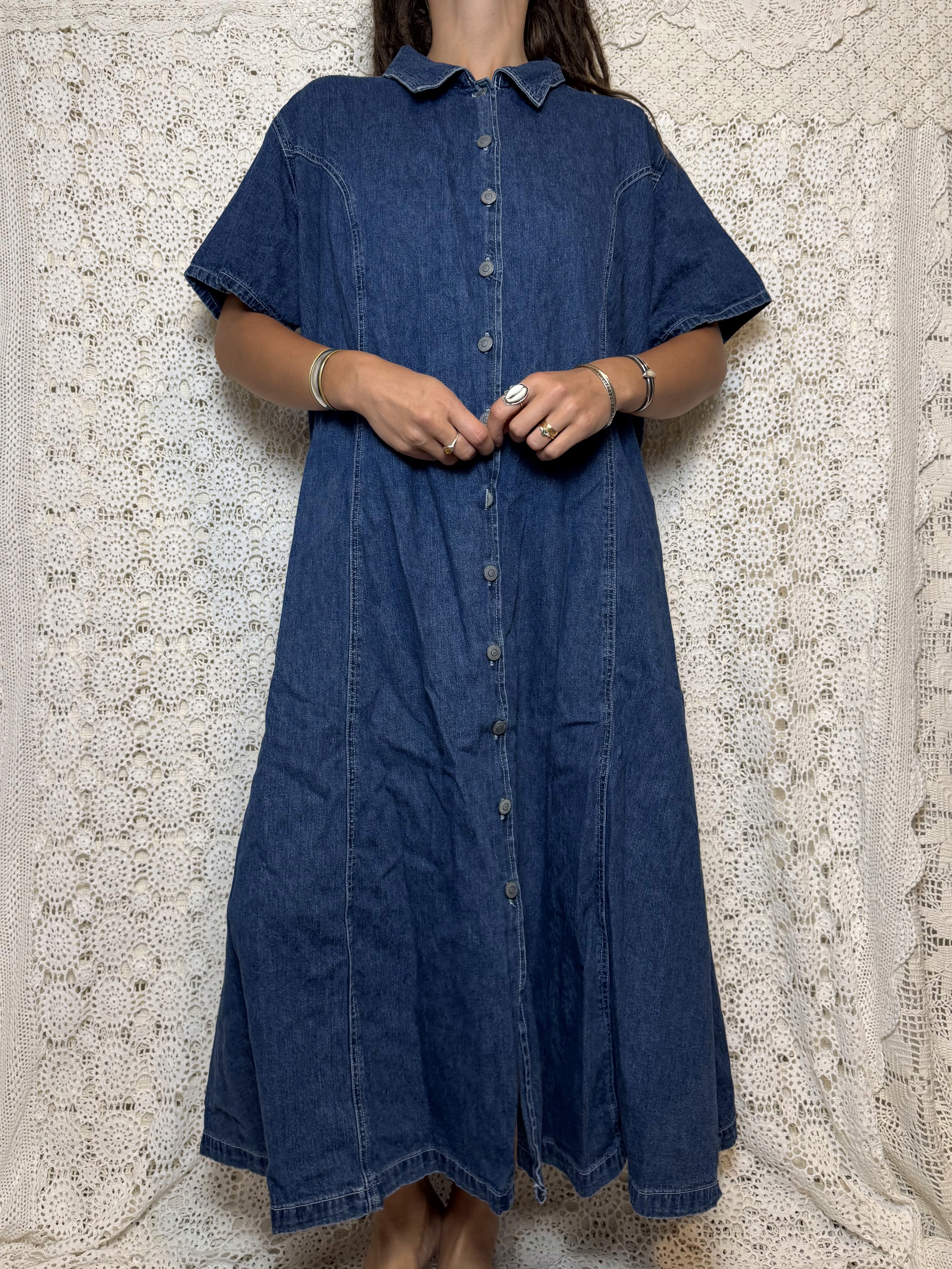 vintage denim short sleeve maxi dress