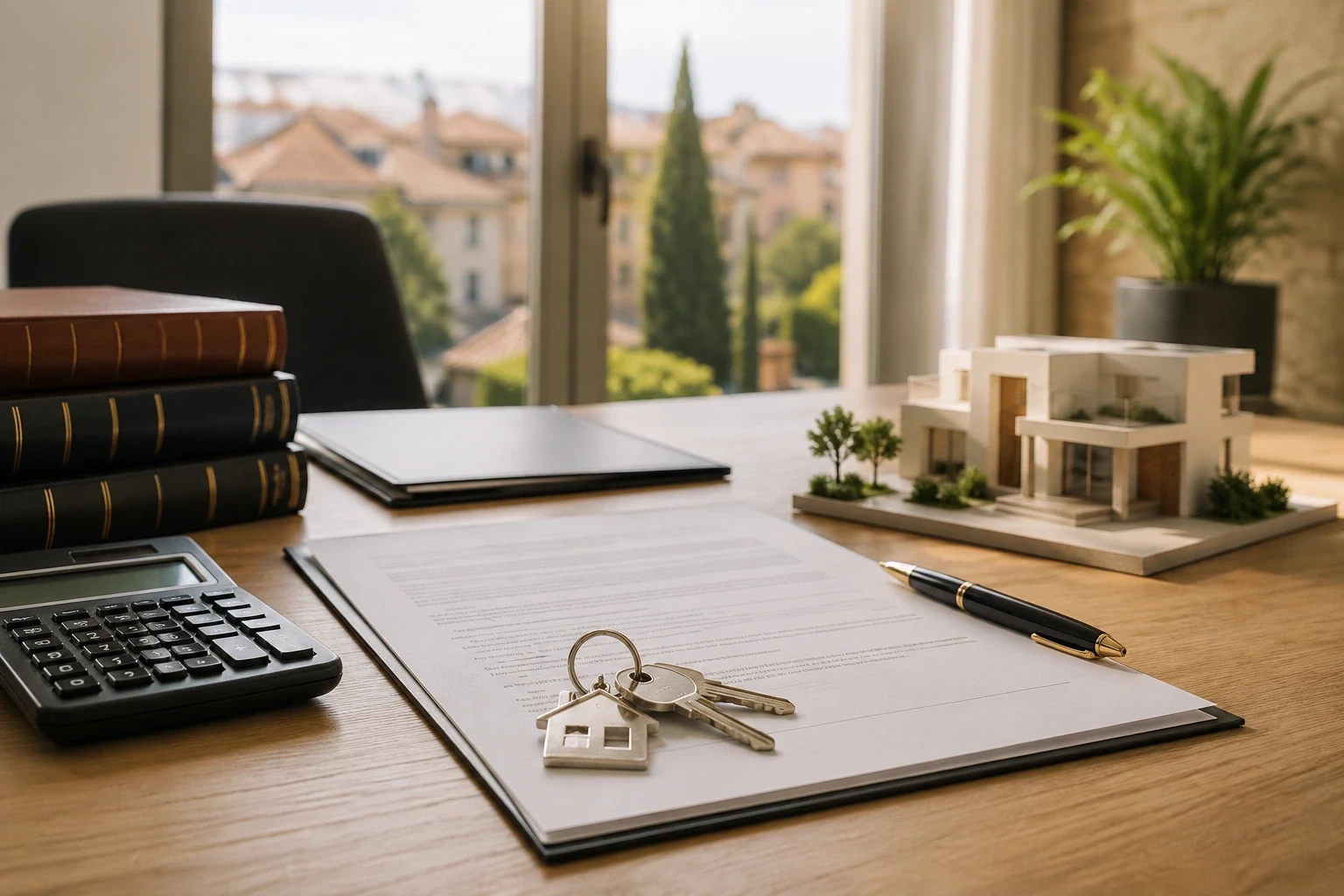 Contrato de compraventa de vivienda con llaves, calculadora y maqueta de casa para explicar el ITP en Cataluña en 2026