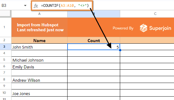 =COUNTIF(A3:A10, "<>")