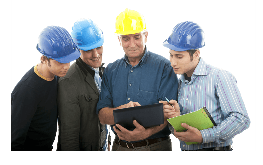 A photo of 4 menz wearing hardhats and all looking at the screen of a tablet computer