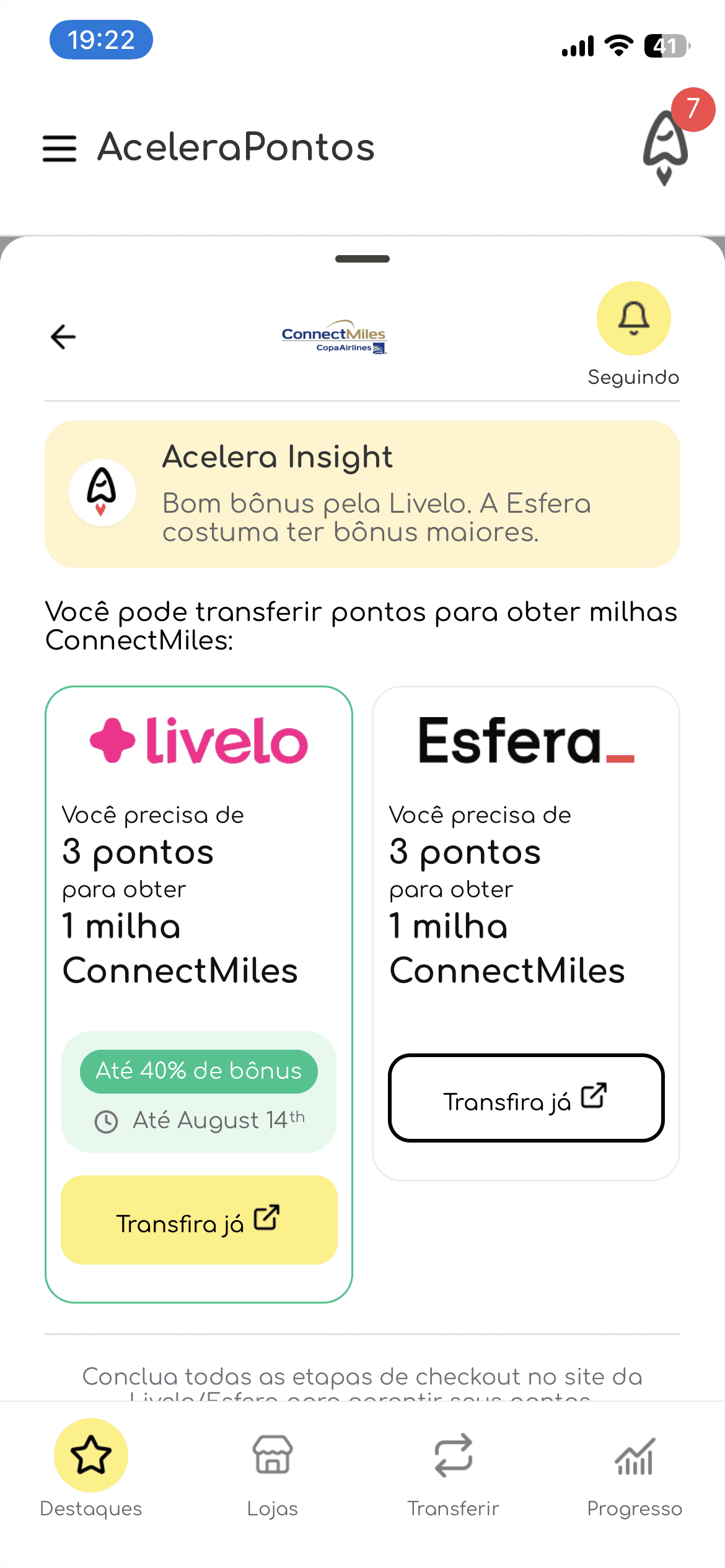 Tela do AceleraPontos mostrando a conversão de 3 pontos Livelo para 1 milha ConnectMiles e promoção de até 40% de bônus.