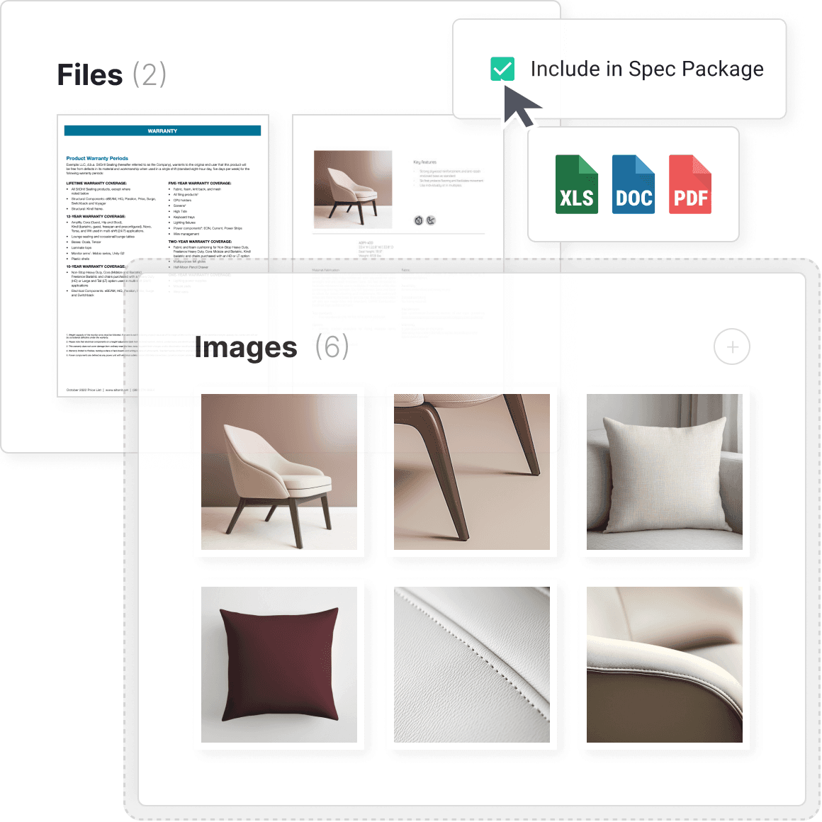 An illustration of the Gather software that shows how designers can add images and files to their specification. Files include excel, word docs, and pdfs, and the images include detailed shots of a lounge chair that has been specified.