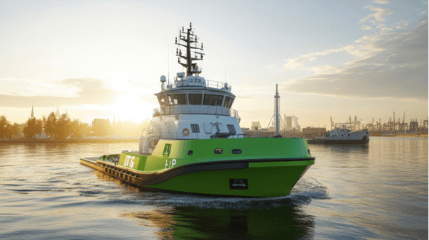 Artist rendering of electric tugboat to be built by Japanese shipyard Keihin Dock Co., Ltd. for Nippon Yusen Kabushiki Kaisha (NYK Line), which will use a Corvus Energy battery system.