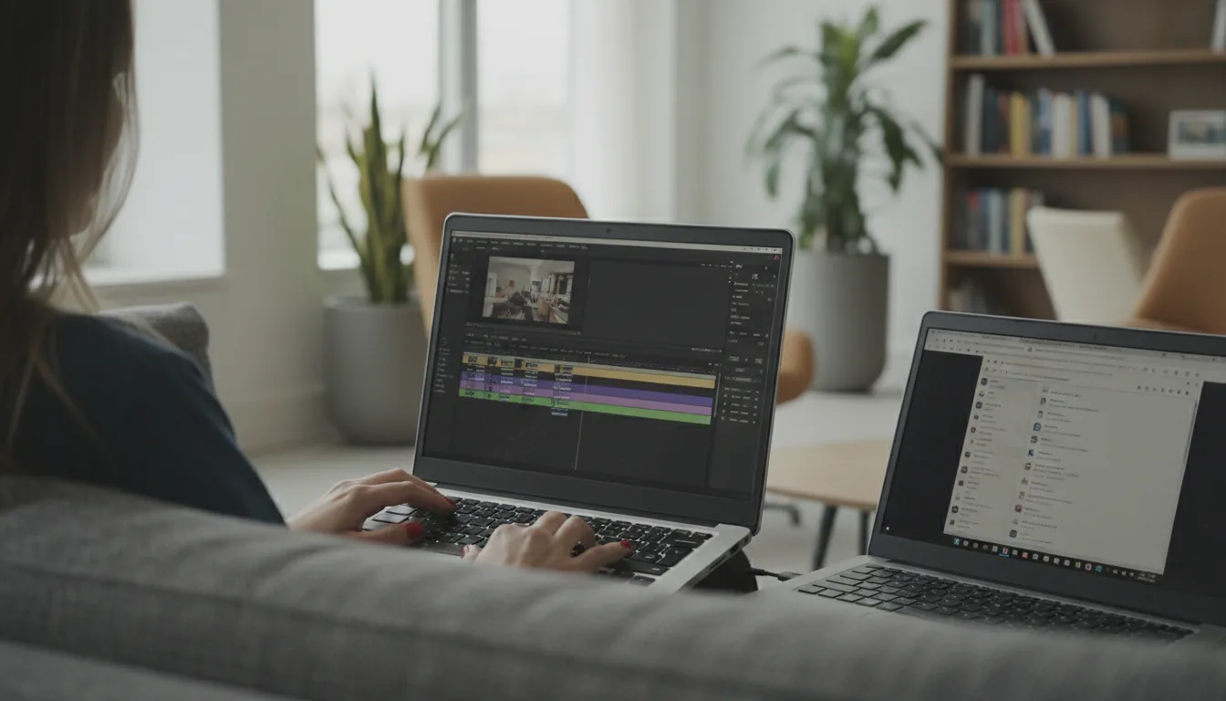DSLR photograph, over-the-shoulder view of a person with red nail polish working on a silver laptop, the screen displaying a video editing software interface with a timeline and video clip thumbnails. A second laptop is visible next to the first one. The subjects are sitting on a couch in a modern, casual office lounge setting. The scene is shot with soft natural daylight, featuring a shallow depth of field with a blurred background and a slightly desaturated color palette.