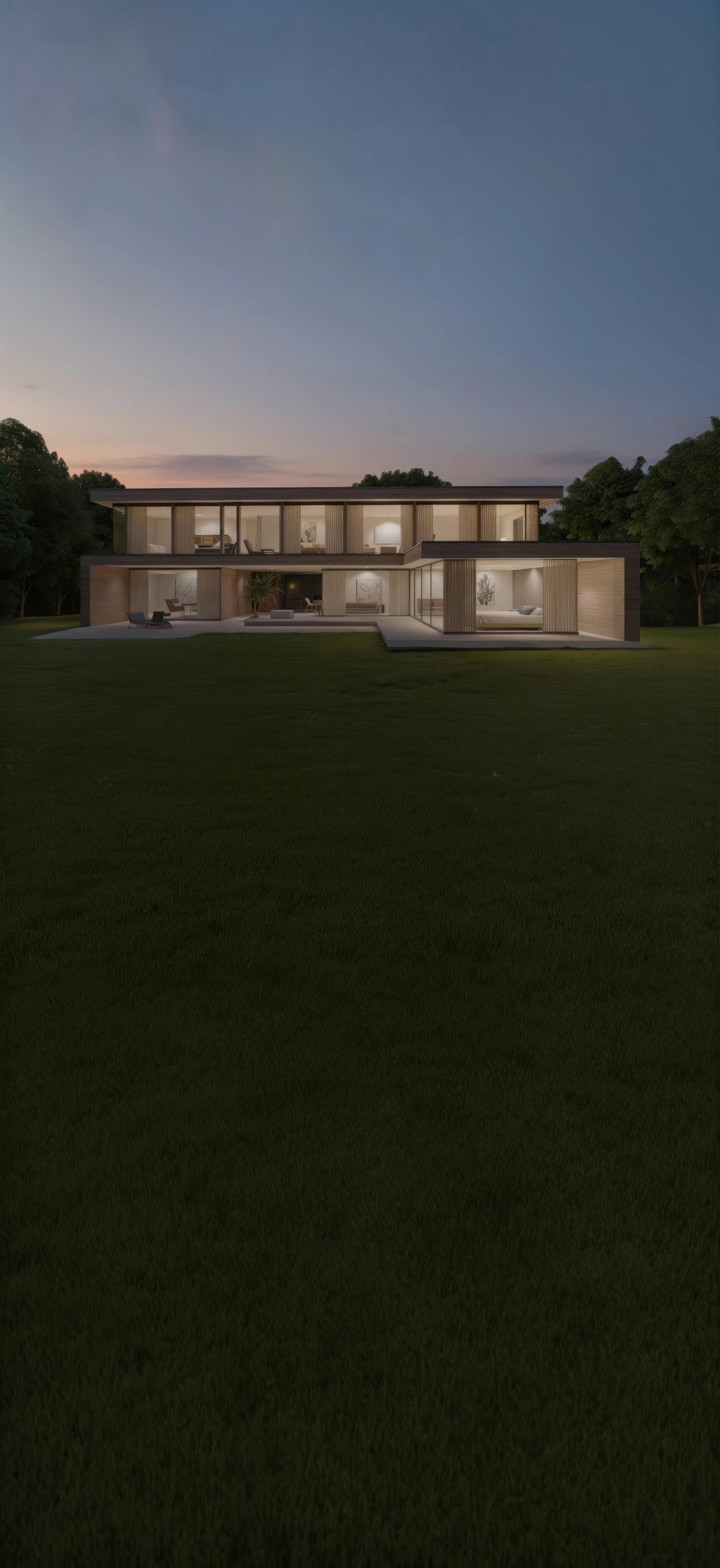 Moderne Bauhaus Villa mit warmer, einladender Beleuchtung bei Abend.