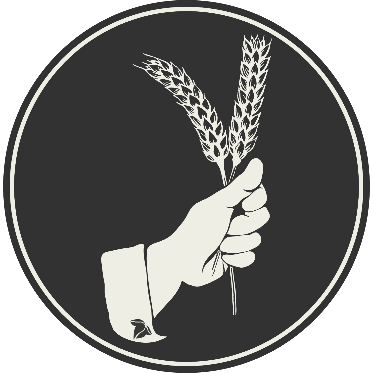 Secondary circular brand mark for virginia based concept store Ivy & Rye featuring a vector based logo of a hand drawn hand grasping rye stalks, a subtle ivy leaf is situated on the cufflink area. 