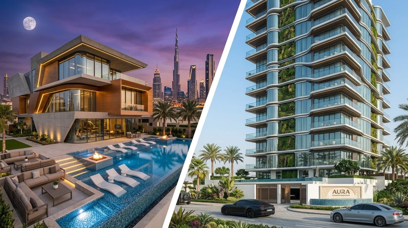 Dubai residential villas and apartment towers representing villas vs apartments Dubai investment.