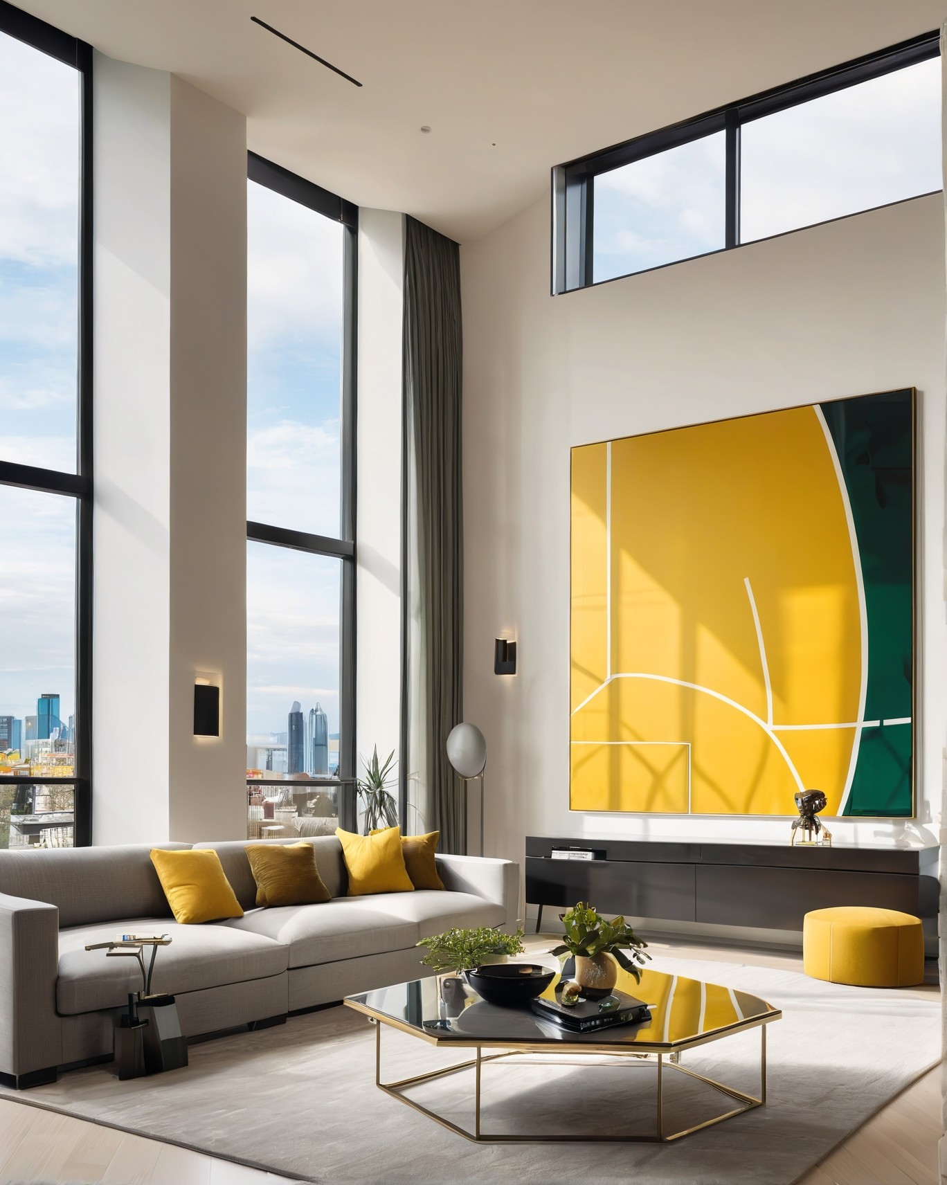 Modern Habitat luxury living room with yellow geometric panel and sculptural furniture – bold modern interior in Pune