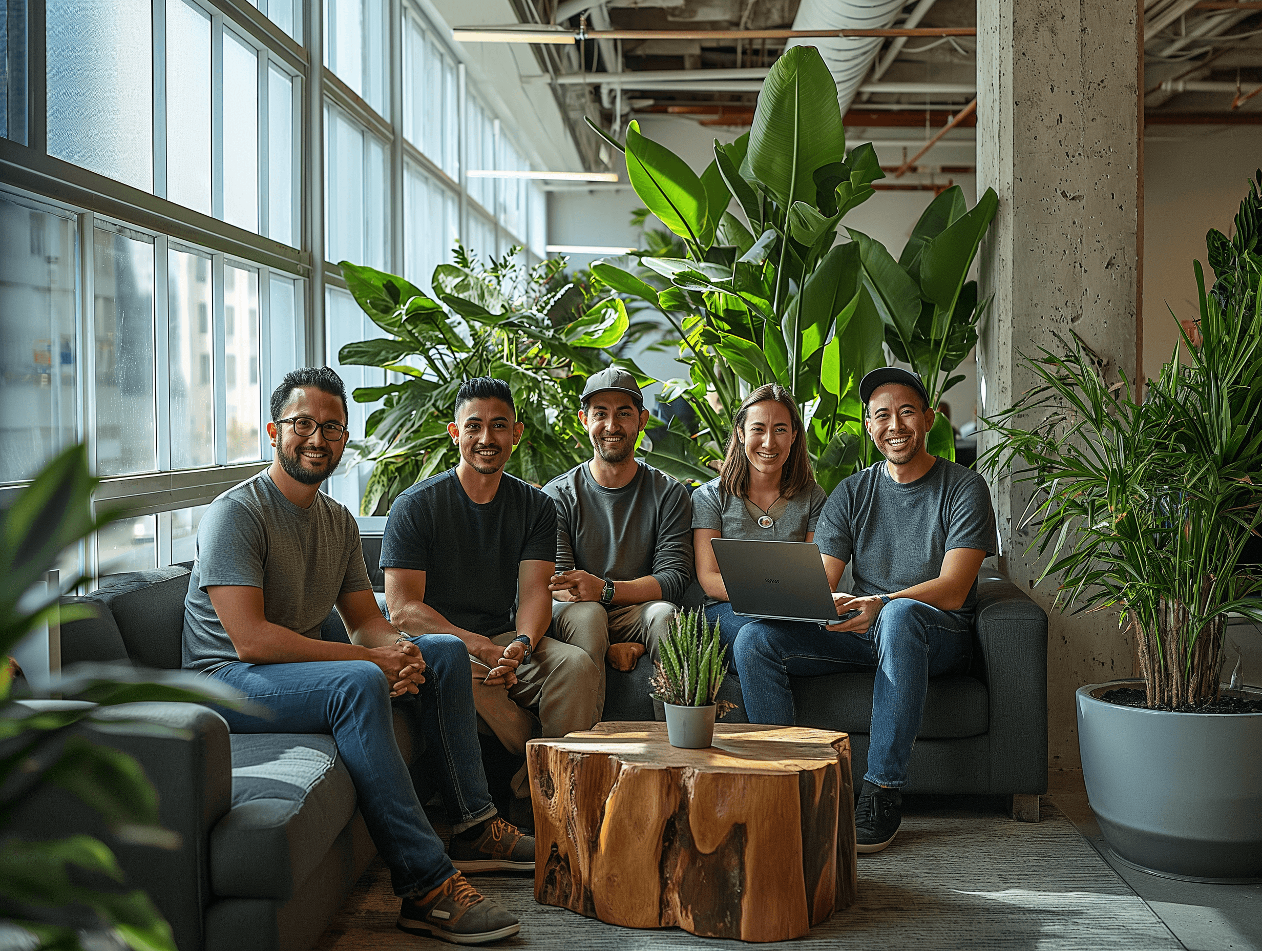 A group of five smiling people sitting on a cozy sofa in a modern office space with lush green plants in the background. A wooden coffee table with a small plant adds a natural touch to the space. One person is holding a laptop.