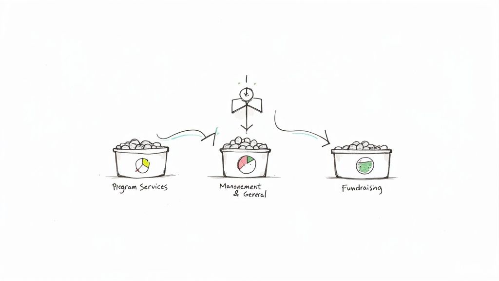 Illustrated diagram of resources distributed from a central source into three labeled buckets: Program Services, Management & General, and Fundraising.