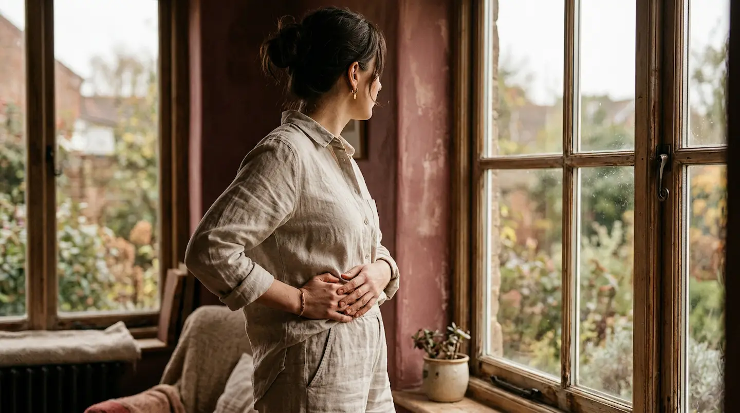 Woman standing at a window with hands resting on her abdomen, looking outside