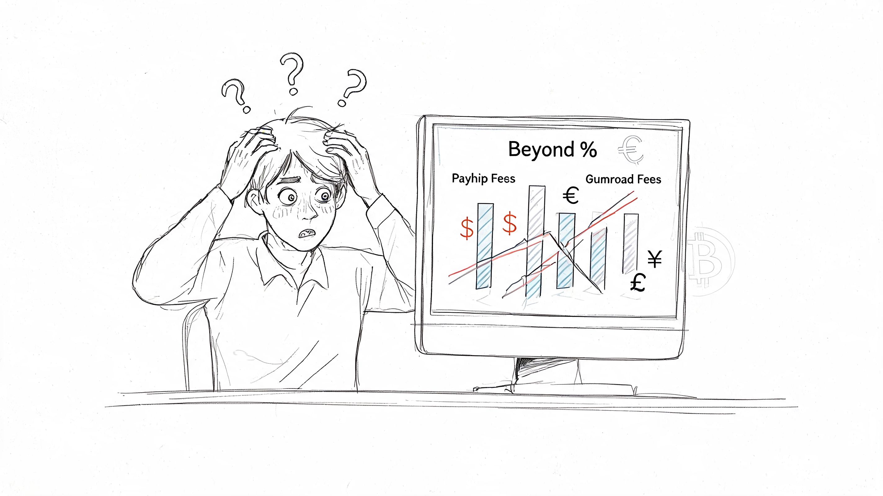 A person looking confused at a computer screen comparing Payhip and Gumroad transaction fee charts.