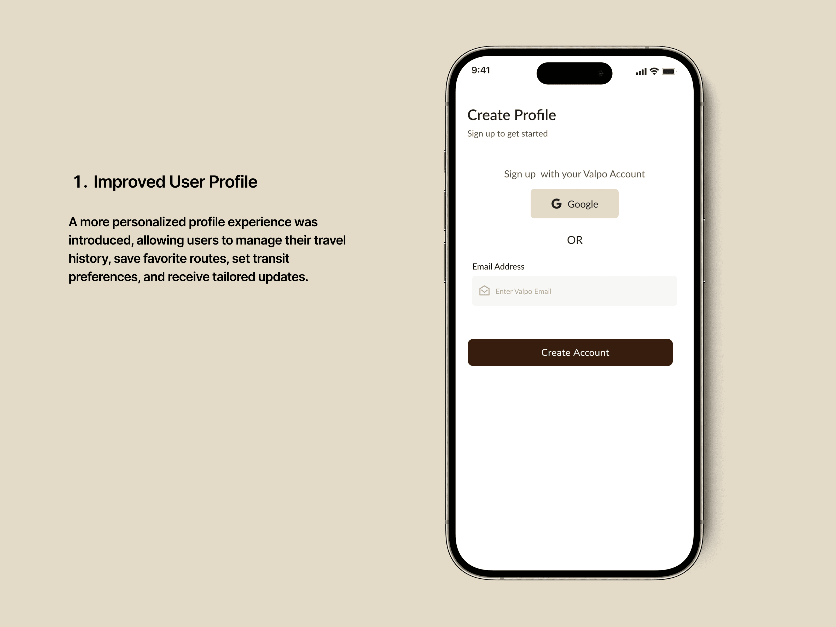 The image showcases a mobile design mockup displaying a "Create Profile" screen with options to sign up using Google or email, emphasizing UIUX improvements for enhanced user profile management.