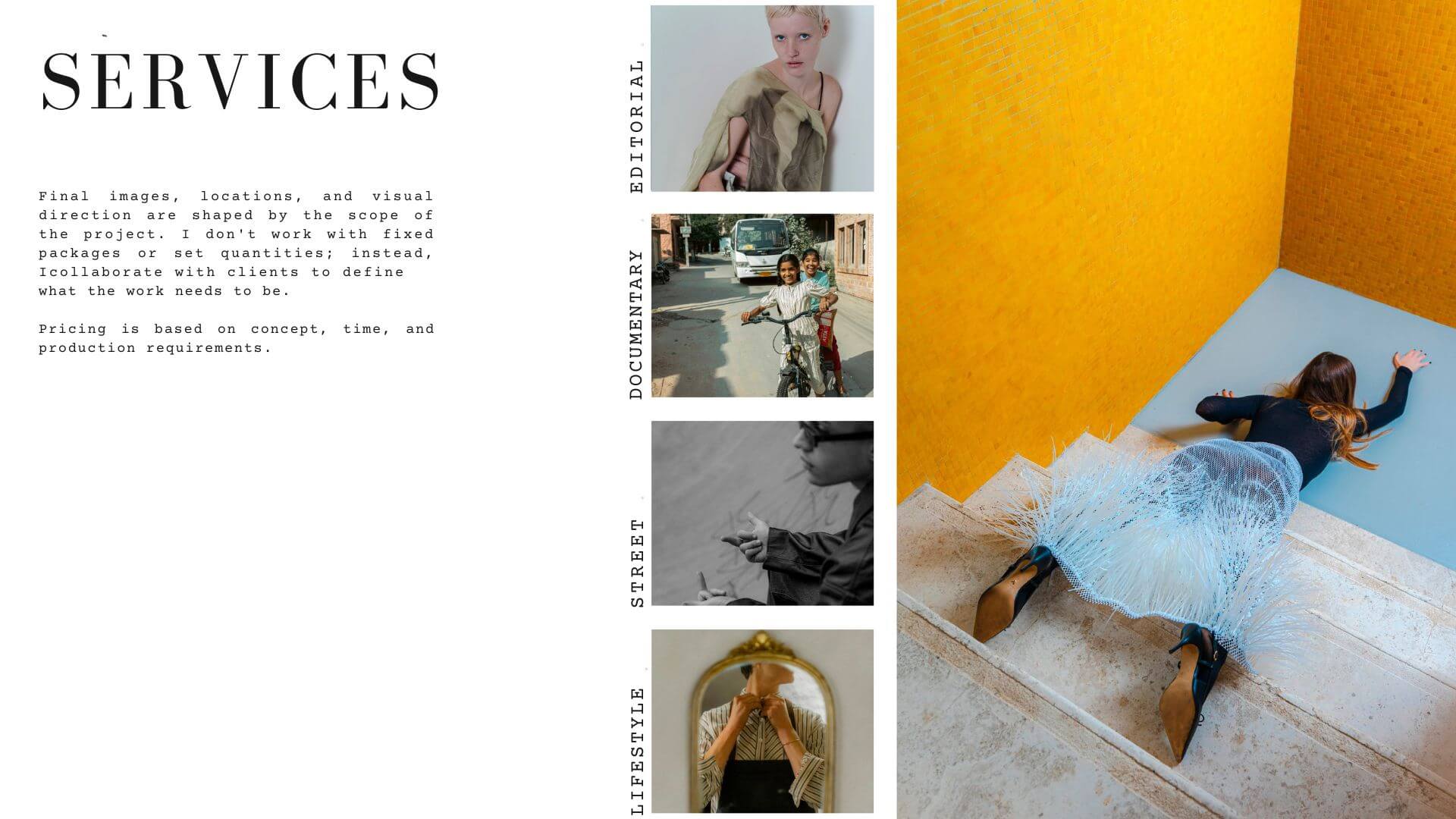 Services page featuring a vertical stack of fashion editorial photos and a dynamic image of a woman draped across architectural stairs, representing Laura Homrich’s commercial and creative photography offerings.