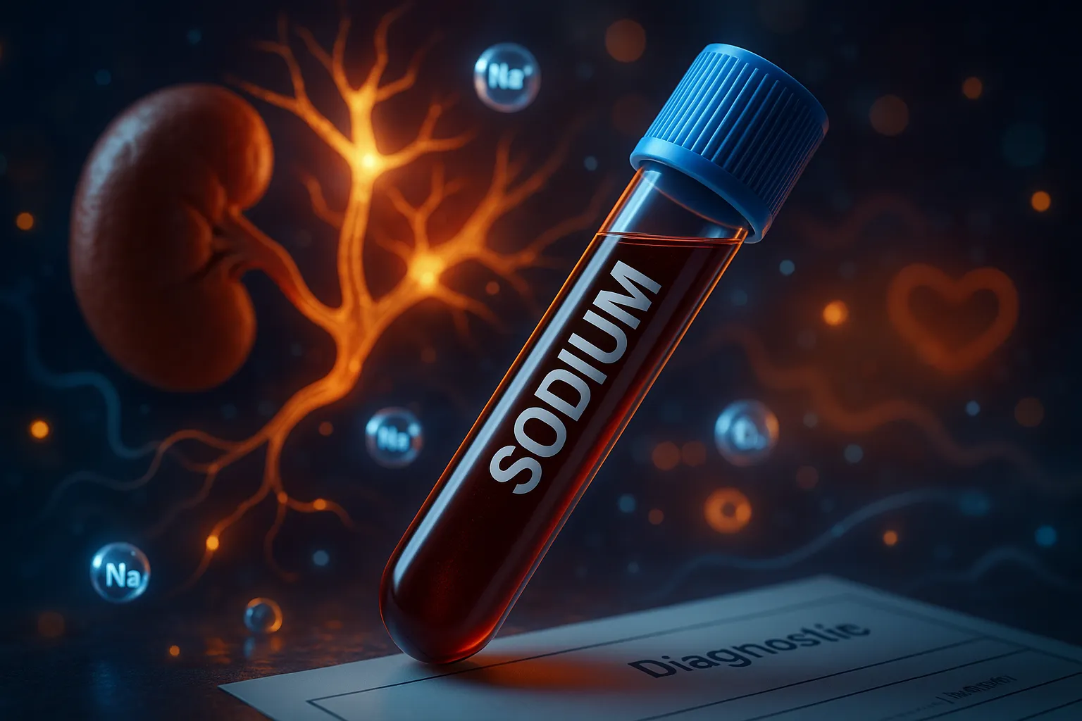 Blood tube labeled Sodium with Na⁺ ion spheres, kidney, and glowing nerve branches in the background.